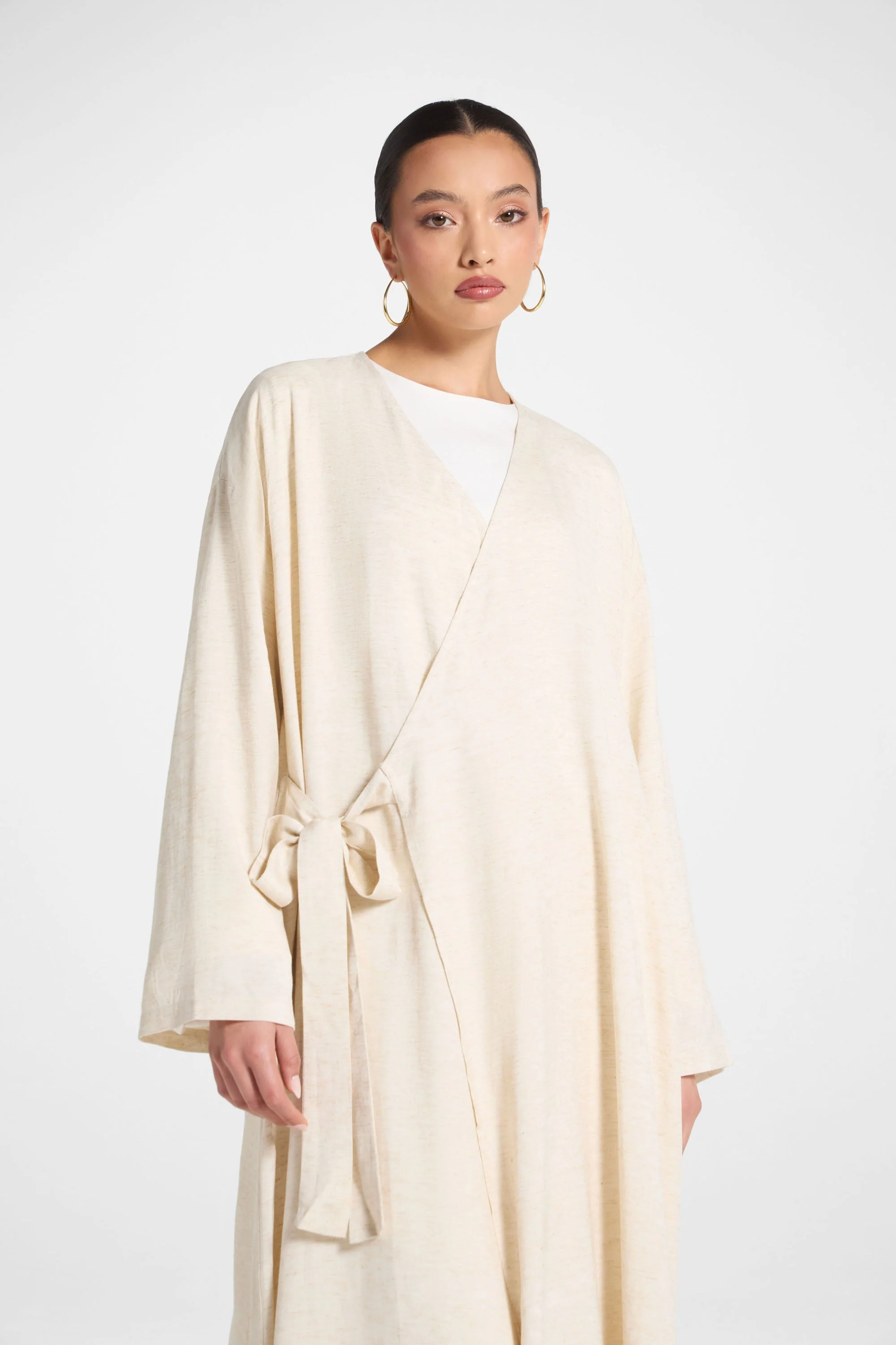 Linen Wrap Abaya Dress - Heather Beige - Image 3