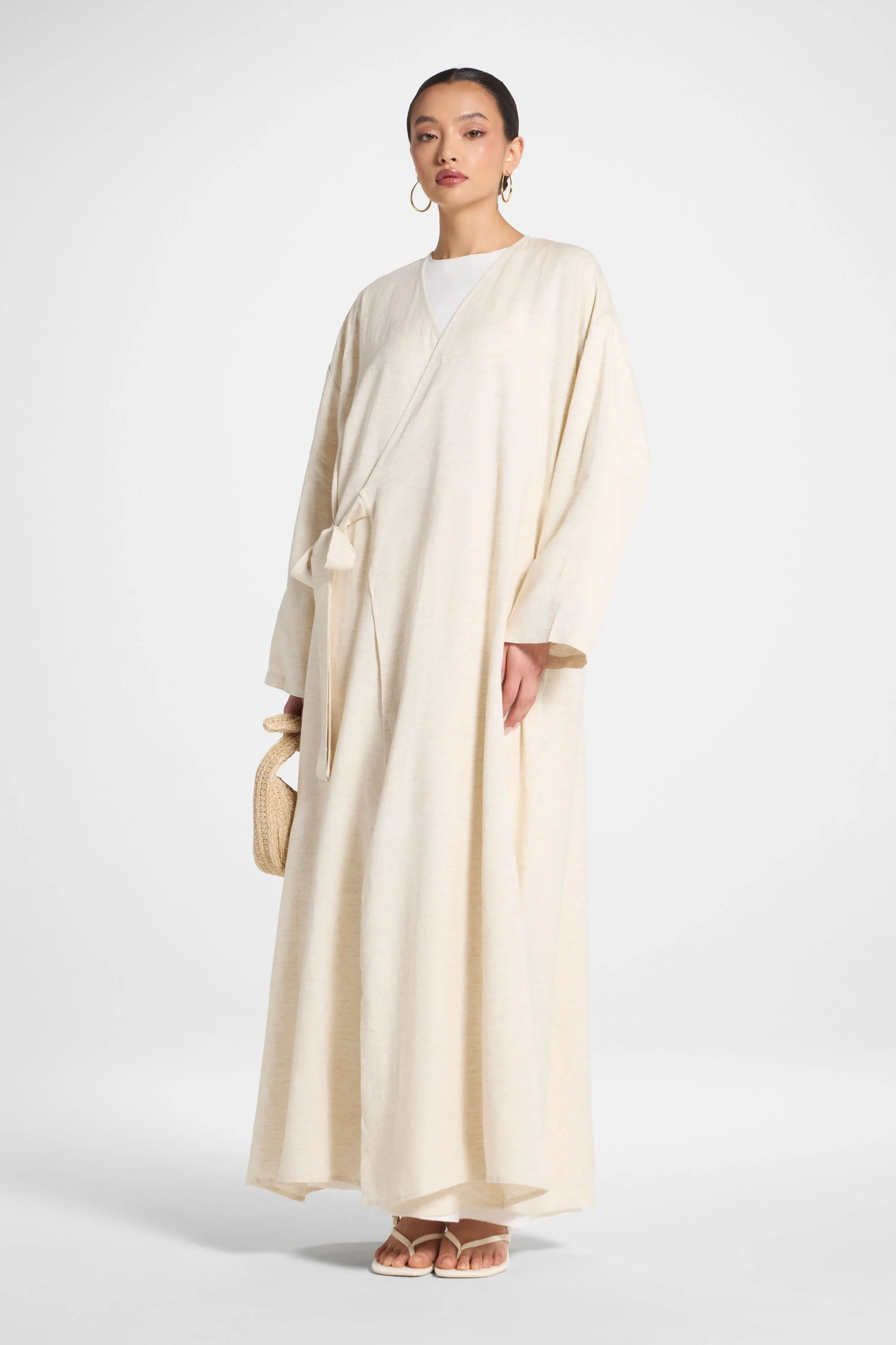 Linen Wrap Abaya Dress - Heather Beige - Image 4