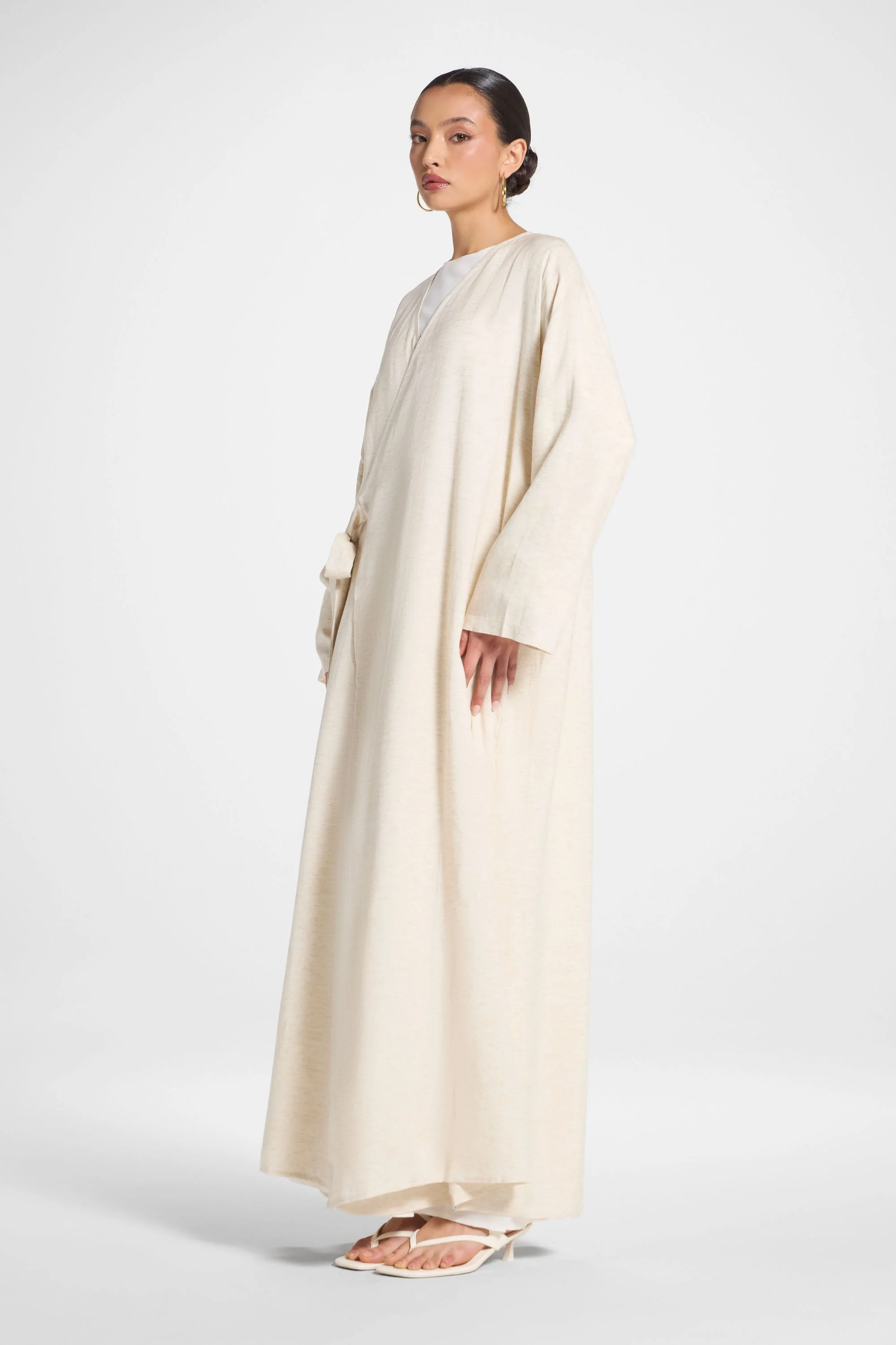 Linen Wrap Abaya Dress - Heather Beige - Image 5