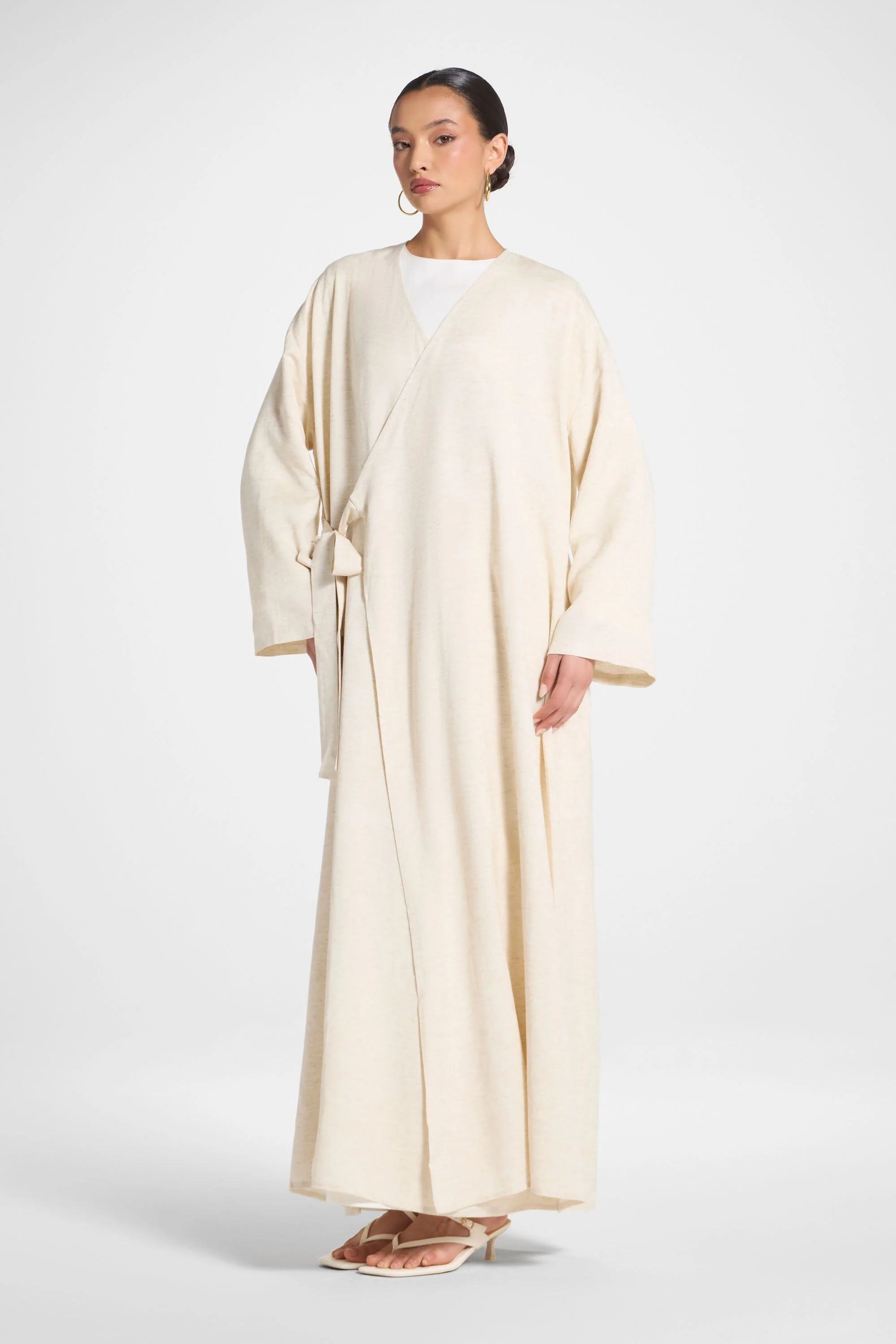 Linen Wrap Abaya Dress - Heather Beige - Image 6