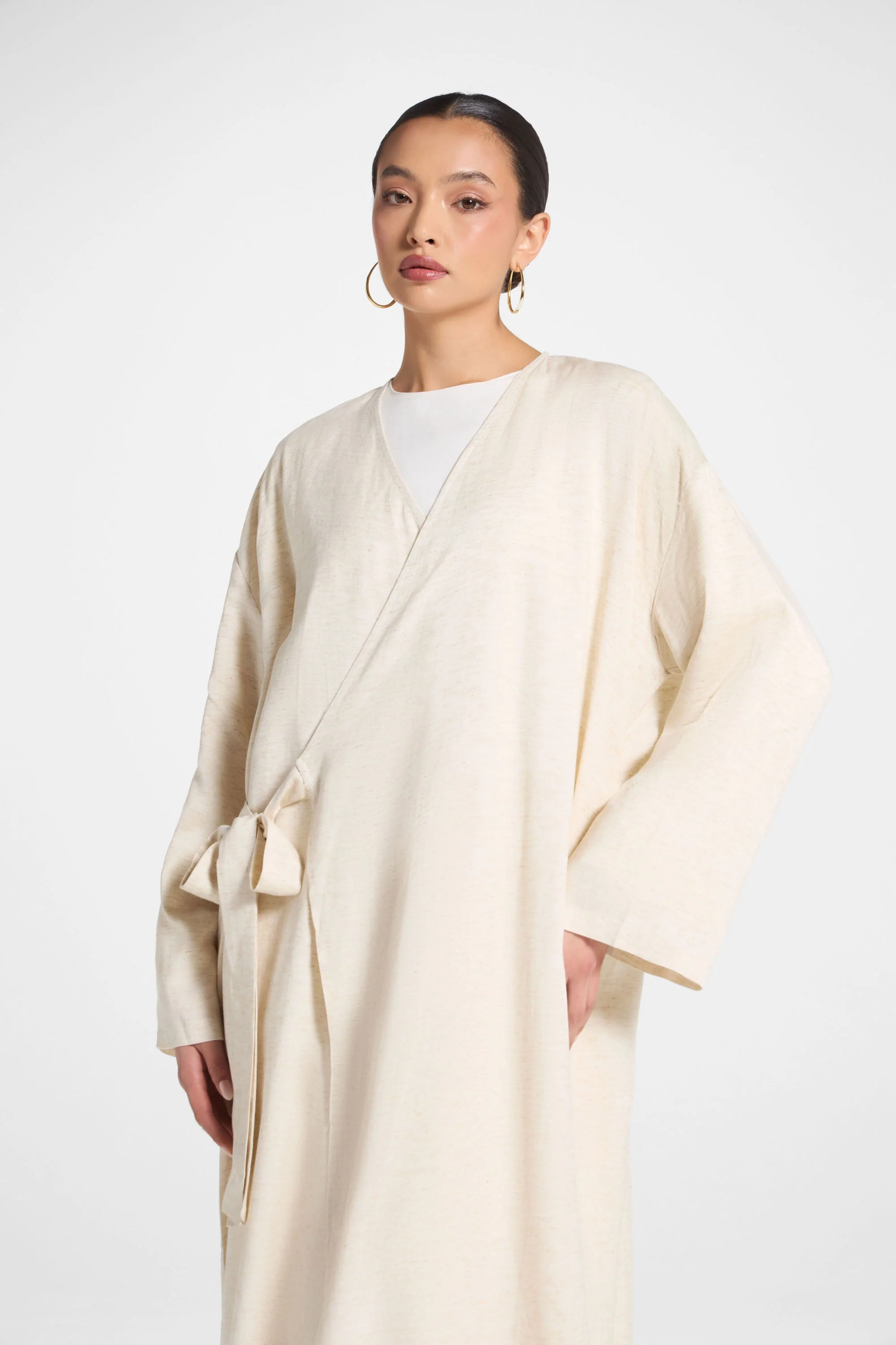Linen Wrap Abaya Dress - Heather Beige - Image 7