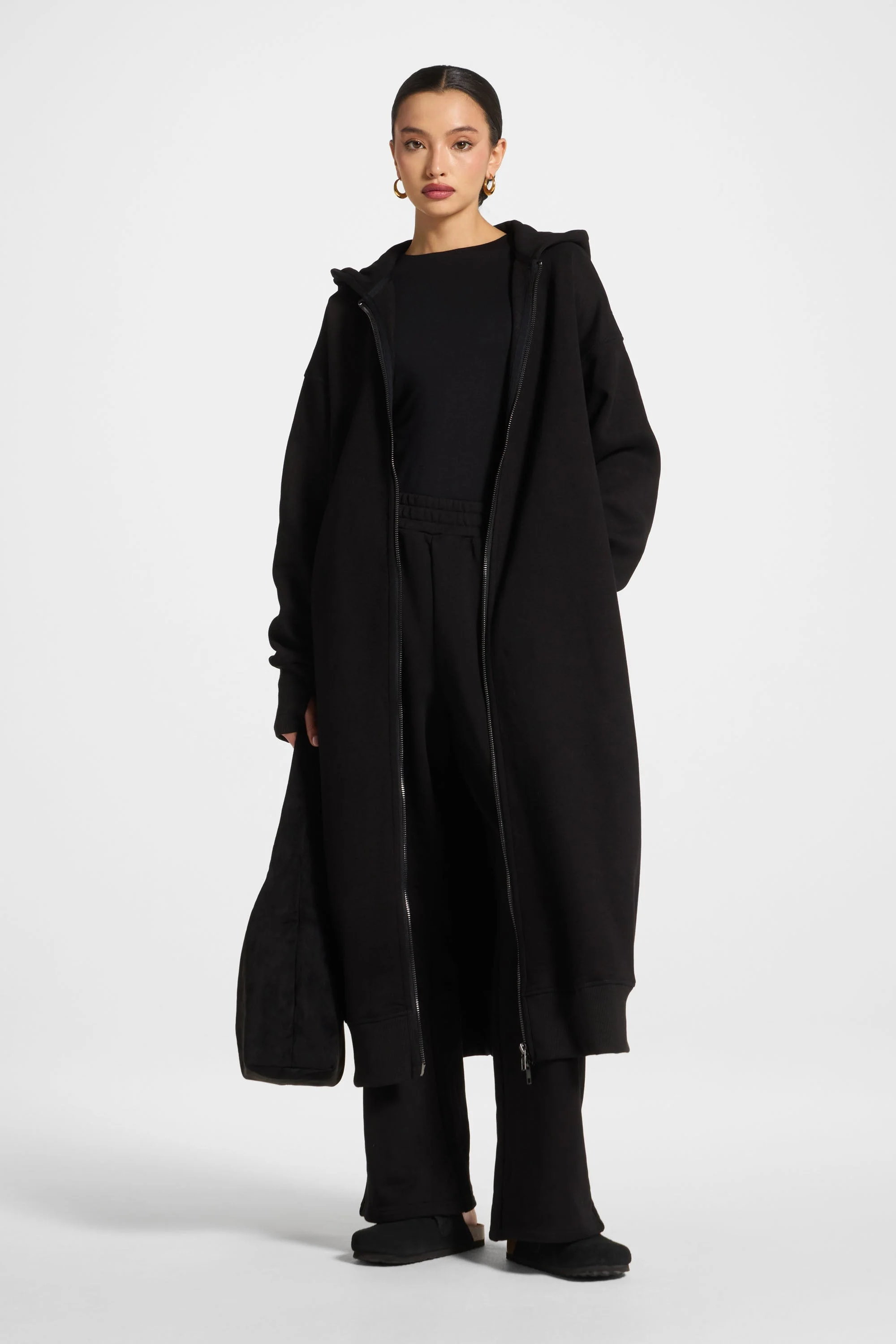Longline Hooded Zip Sweatshirt - Black