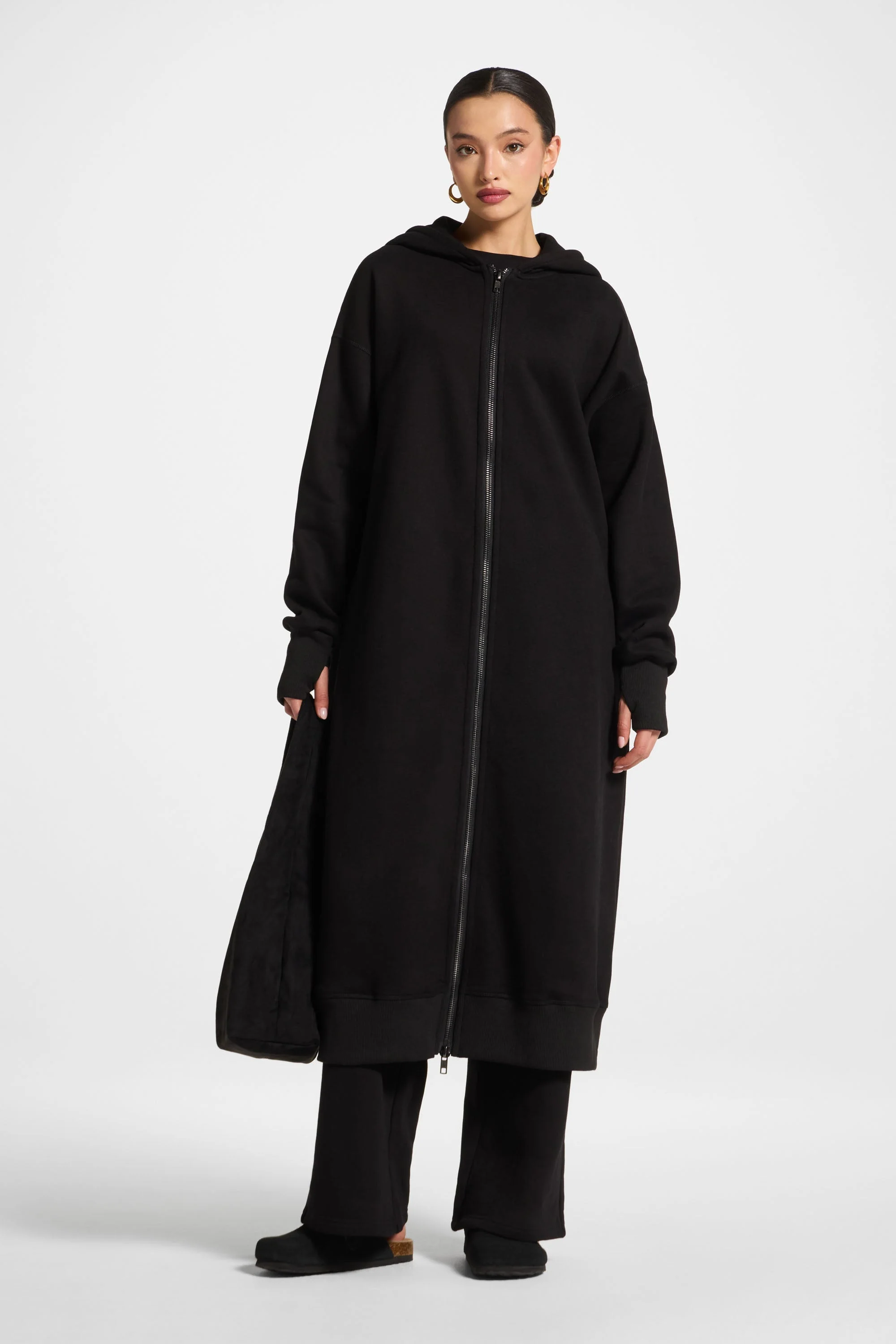 Longline Hooded Zip Sweatshirt - Black - Image 2