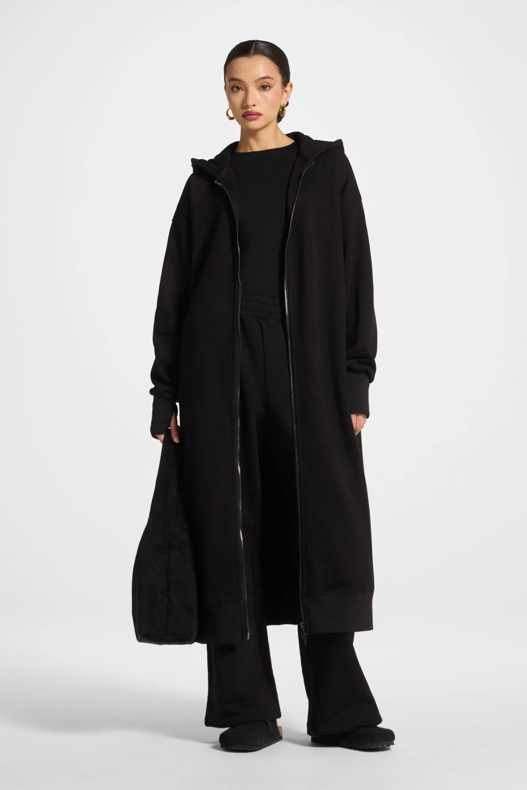 Longline Hooded Zip Sweatshirt - Black - Image 3