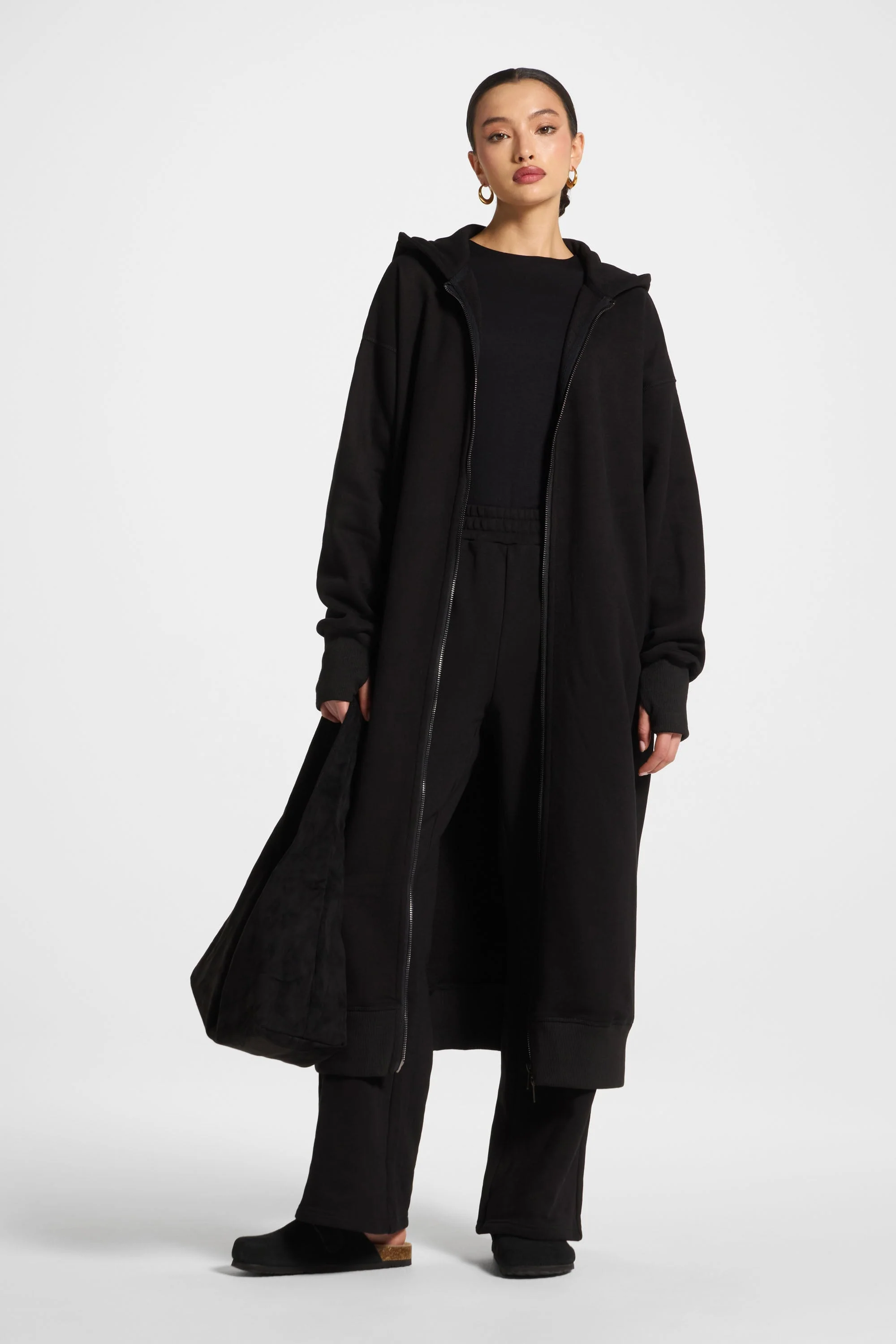 Longline Hooded Zip Sweatshirt - Black - Image 4
