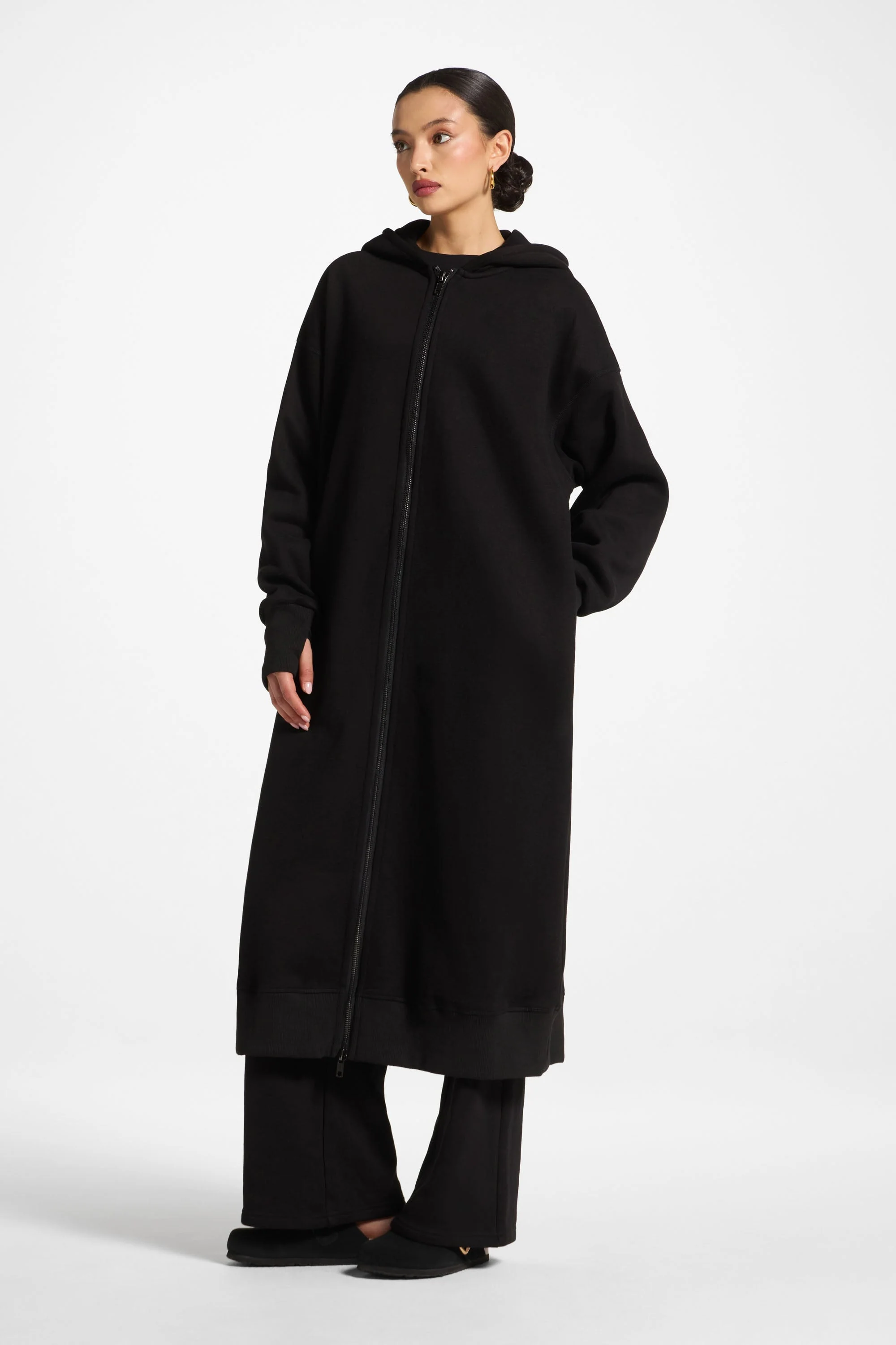 Longline Hooded Zip Sweatshirt - Black - Image 6