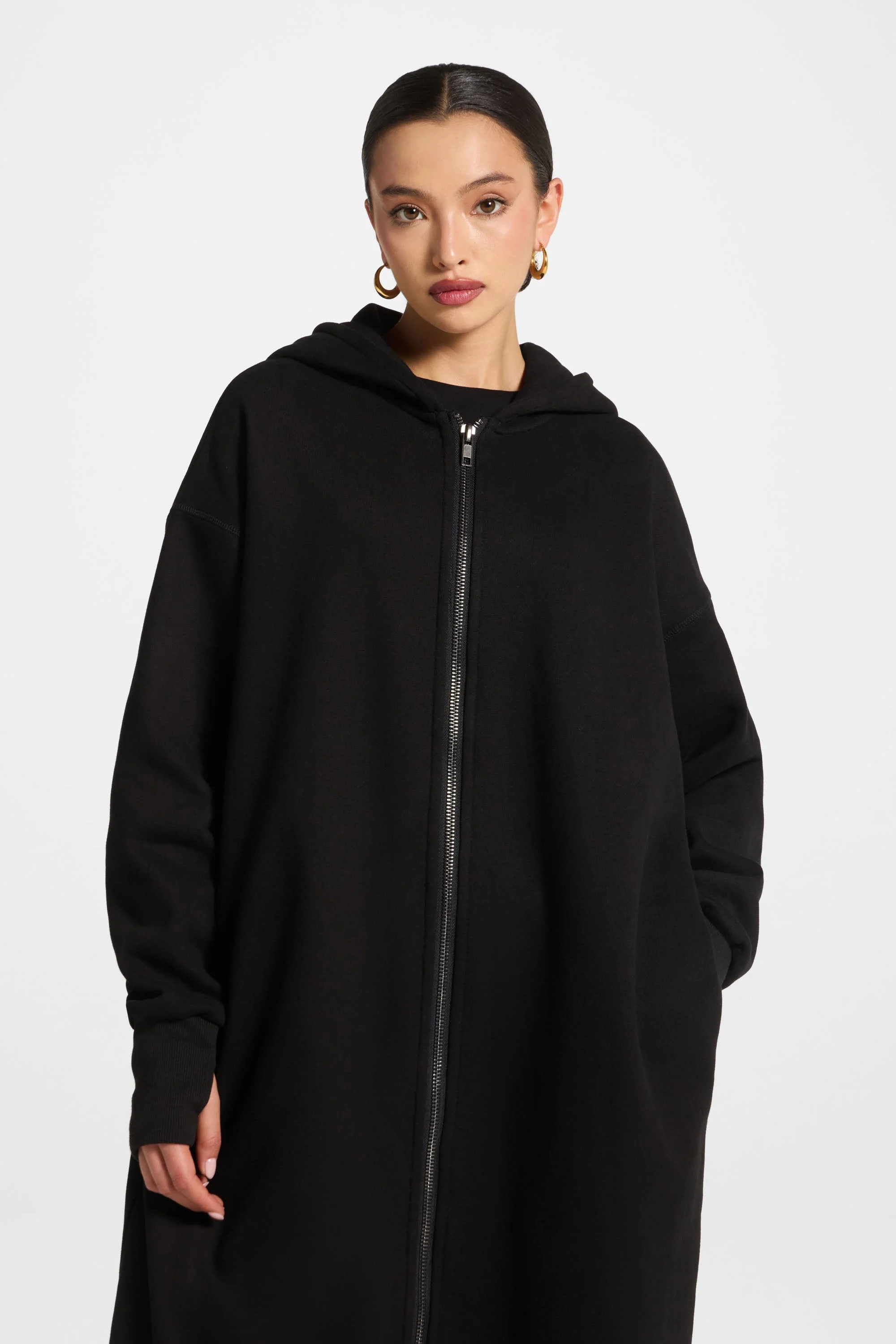 Longline Hooded Zip Sweatshirt - Black - Image 8