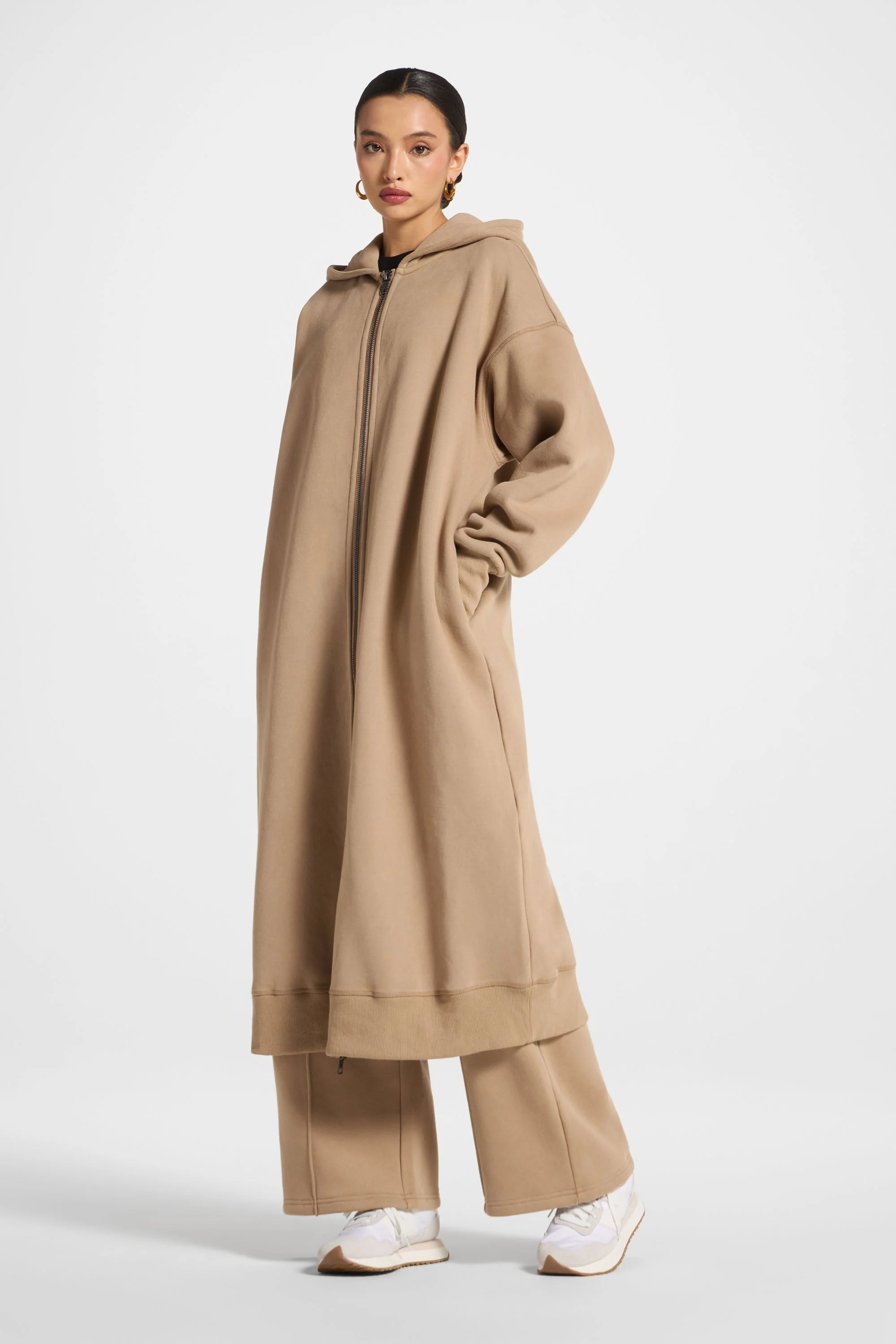 Longline Hooded Zip Sweatshirt - Mocha - Image 3