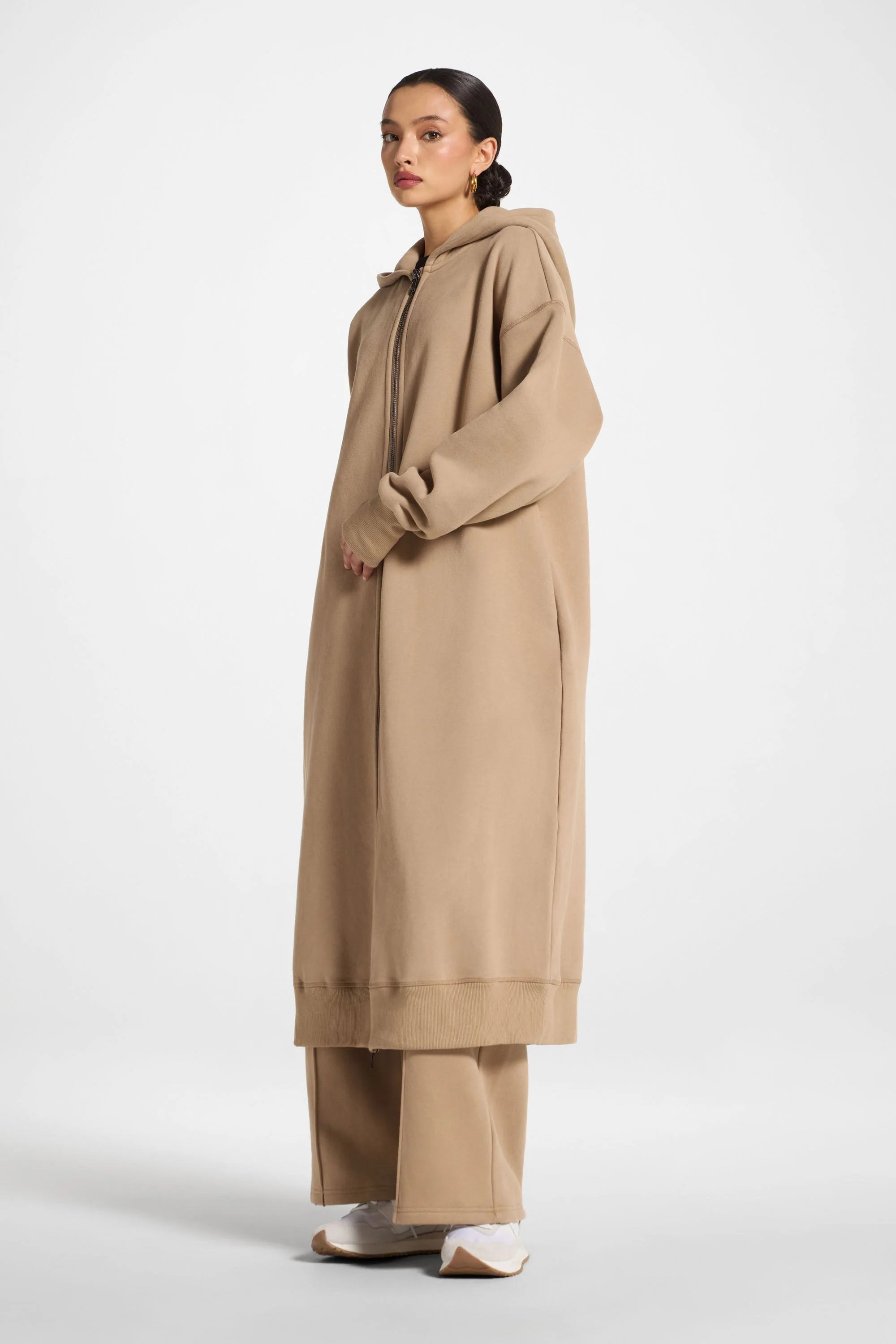 Longline Hooded Zip Sweatshirt - Mocha - Image 4