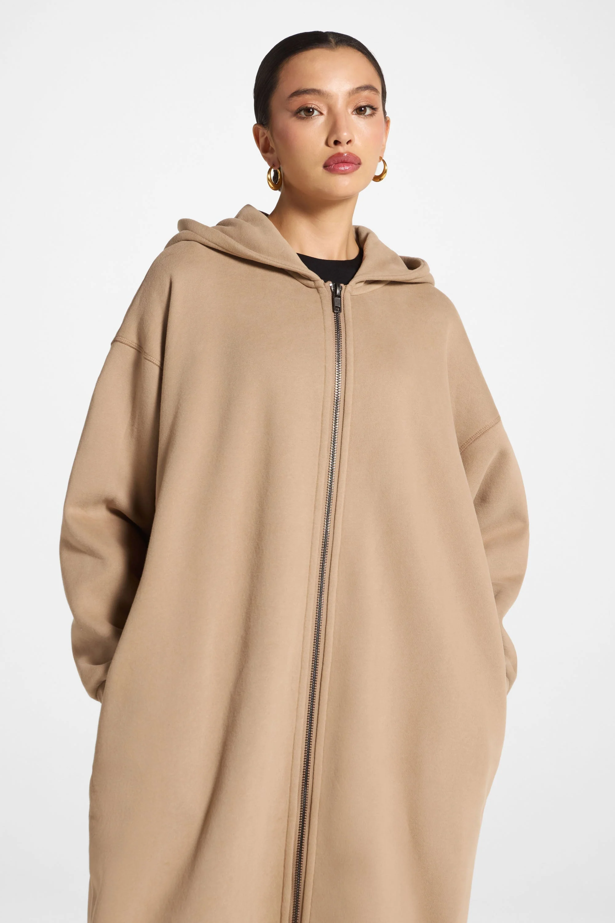 Longline Hooded Zip Sweatshirt - Mocha - Image 6