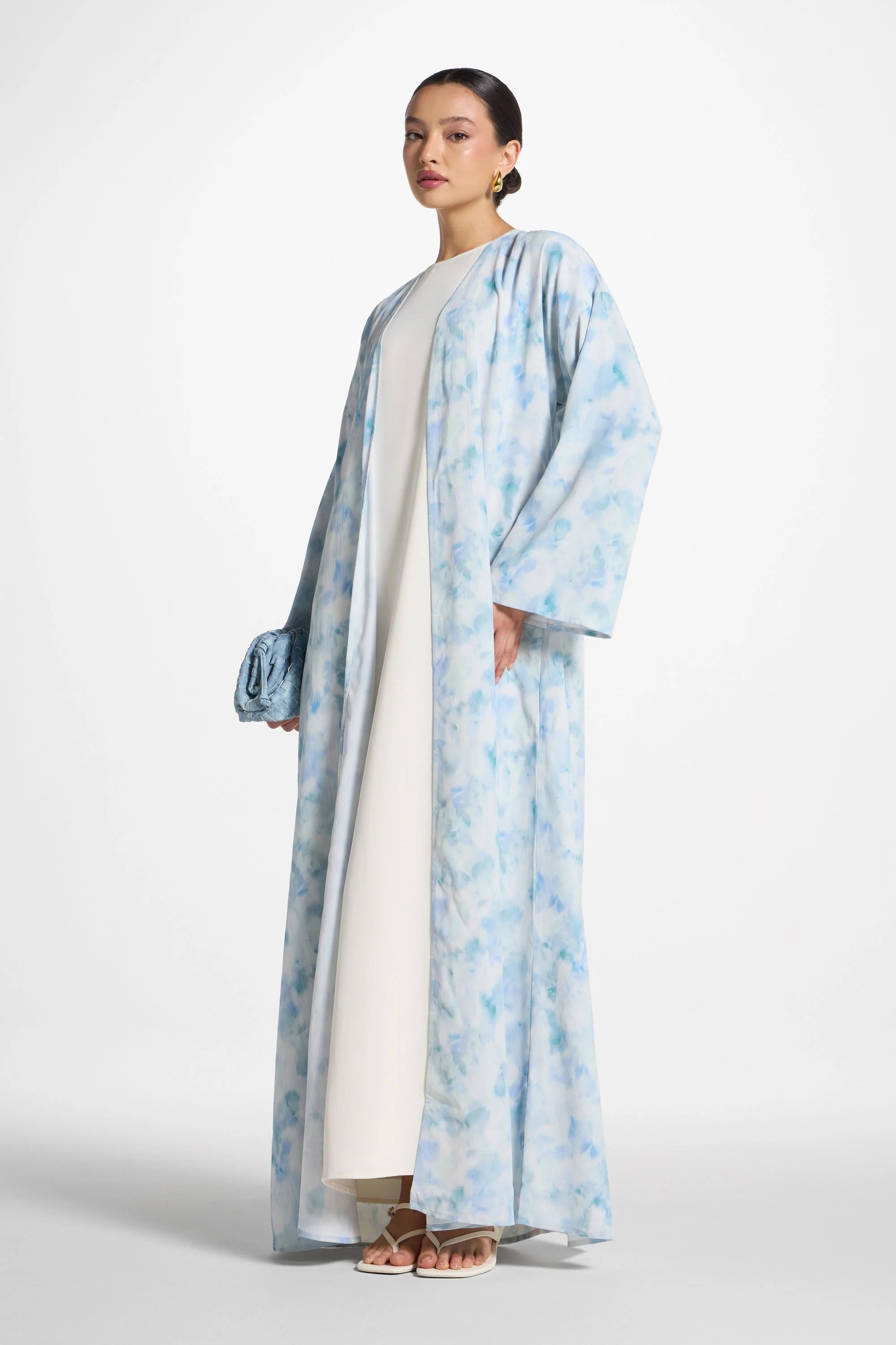 Lujain Printed Open Abaya - Blue Watercolor - Image 3