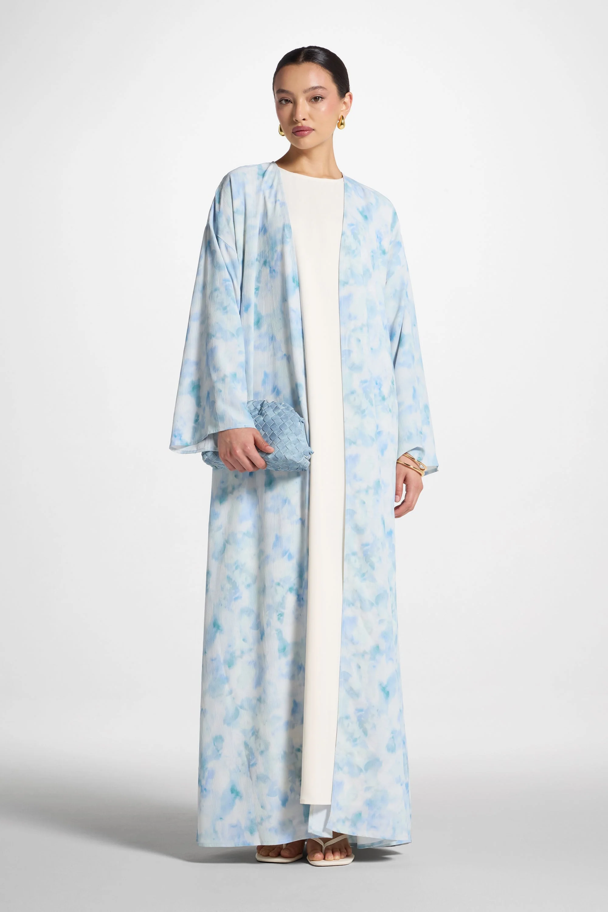 Lujain Printed Open Abaya - Blue Watercolor - Image 4