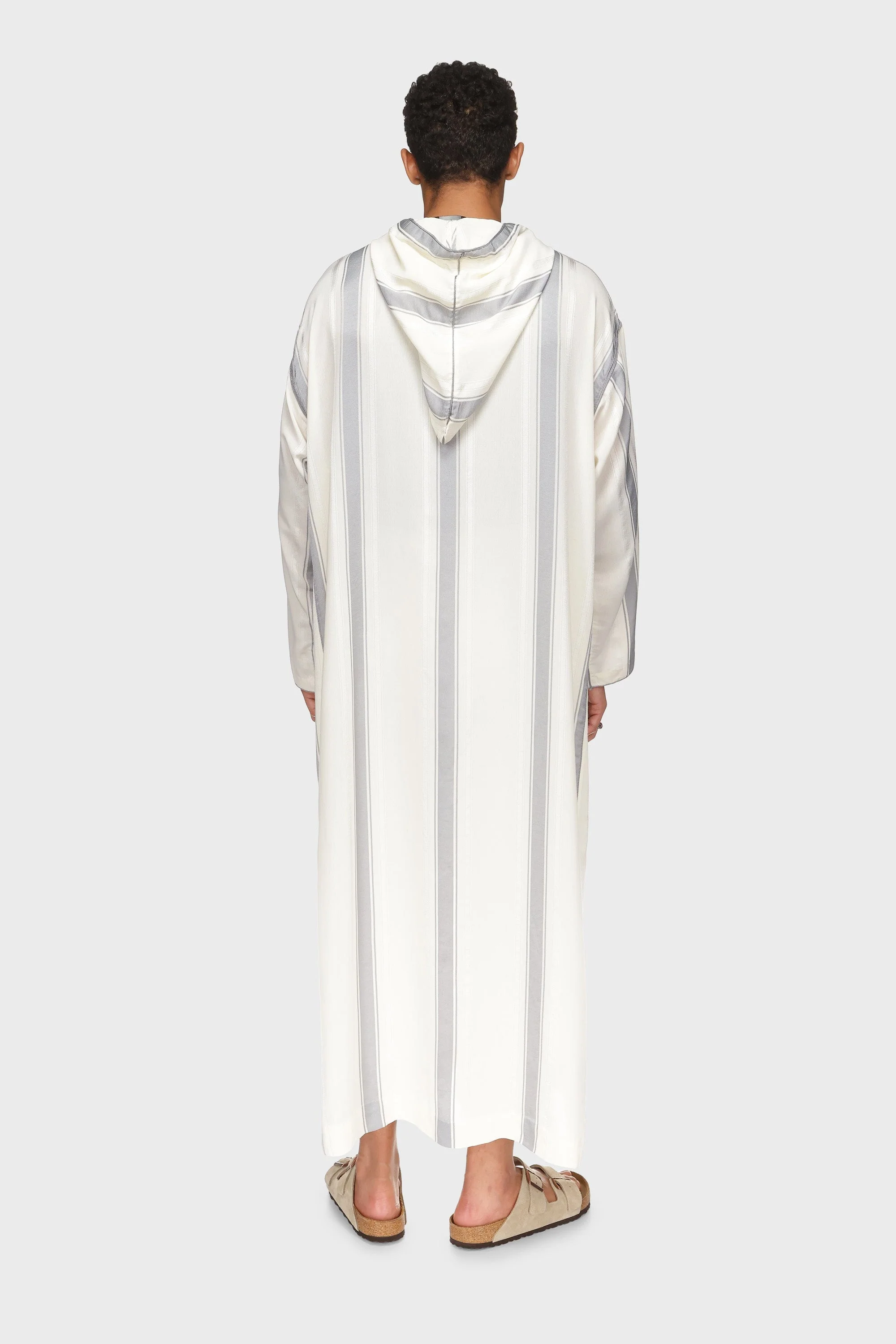 Manchester Hooded Striped Moroccan Thobe - Grey/White - Image 3