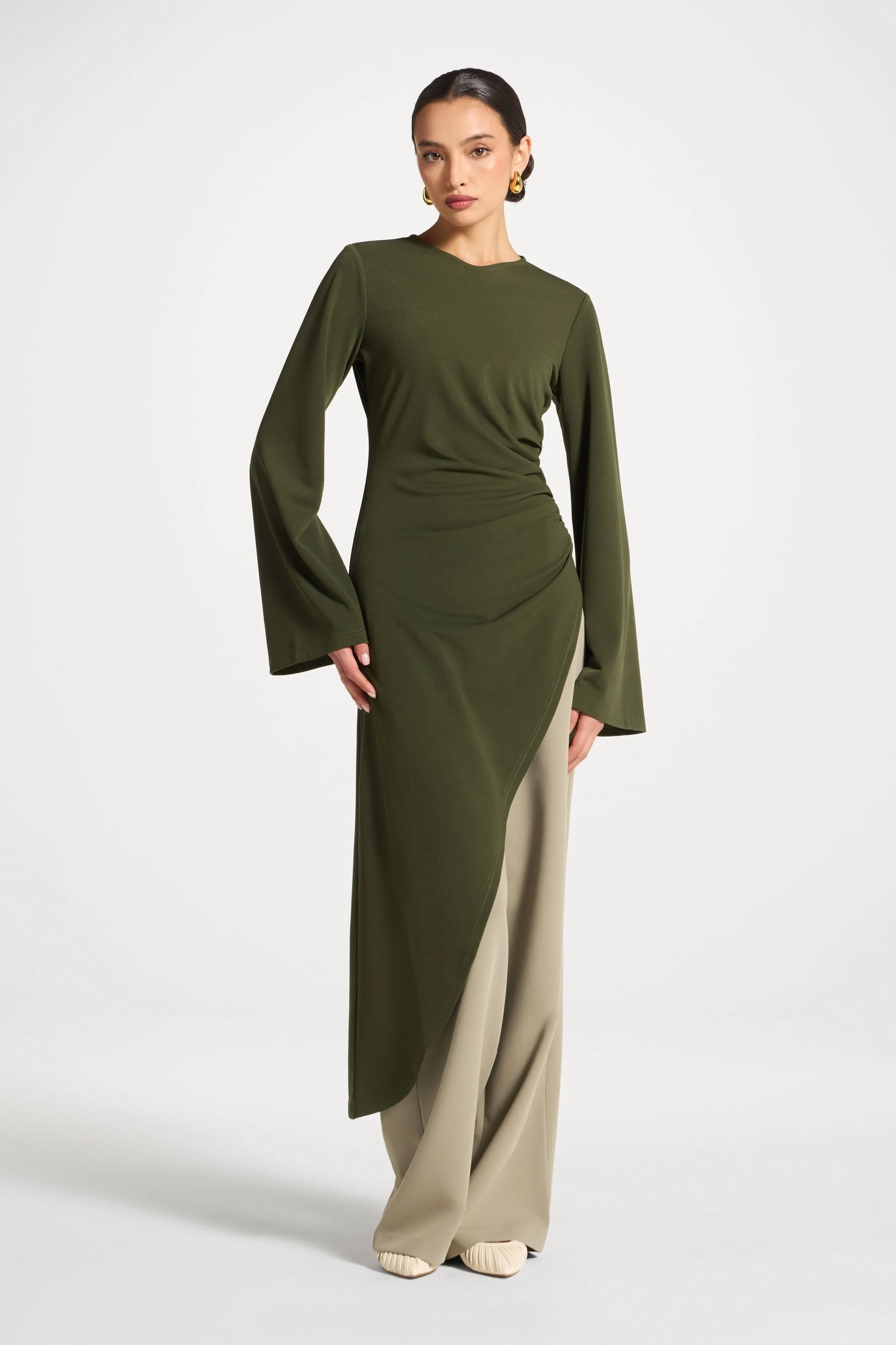 Signature Stretch Midi Tunic Top - Olive - Image 4