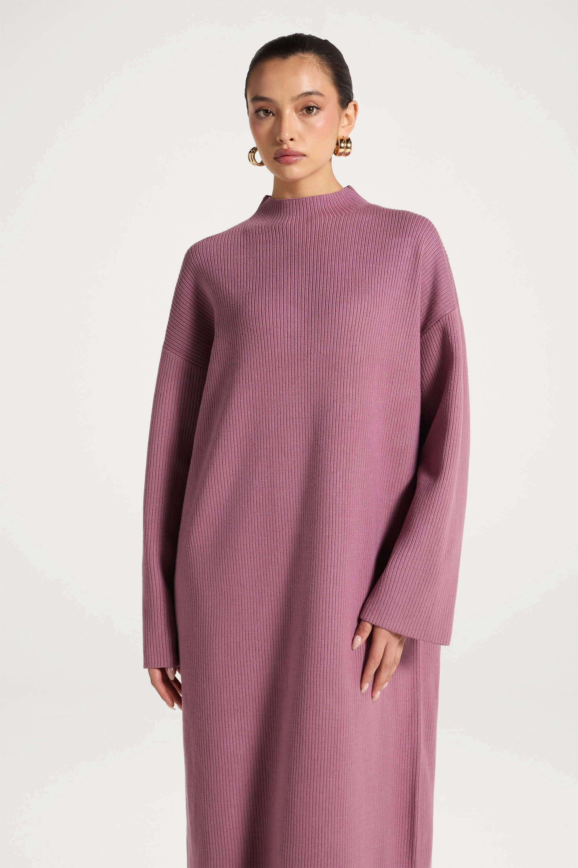 Mock Neck Knit Dress - Mauve - Image 5
