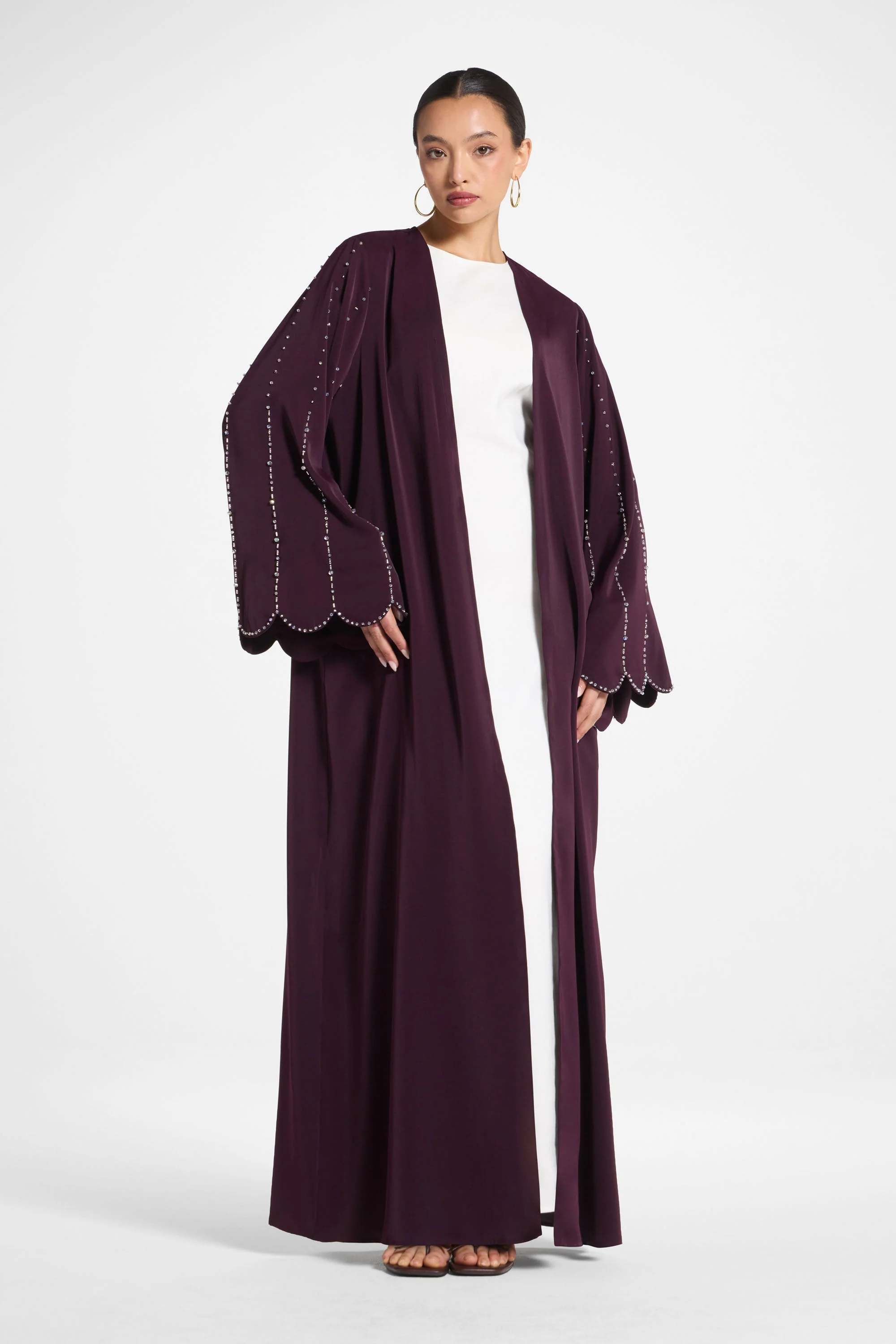 Nada Embellished Open Abaya - Chocolate Plum