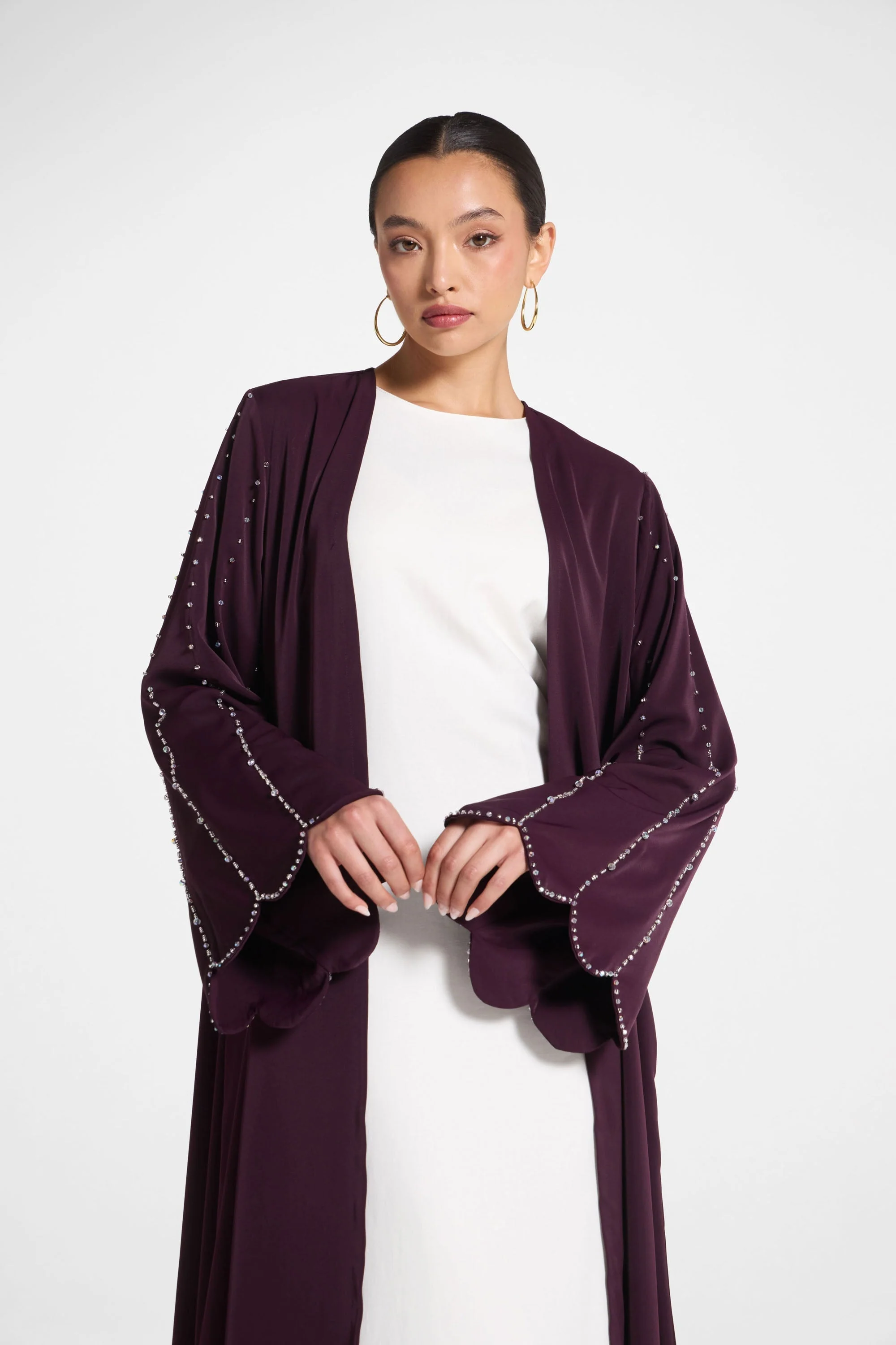 Nada Embellished Open Abaya - Chocolate Plum - Image 2