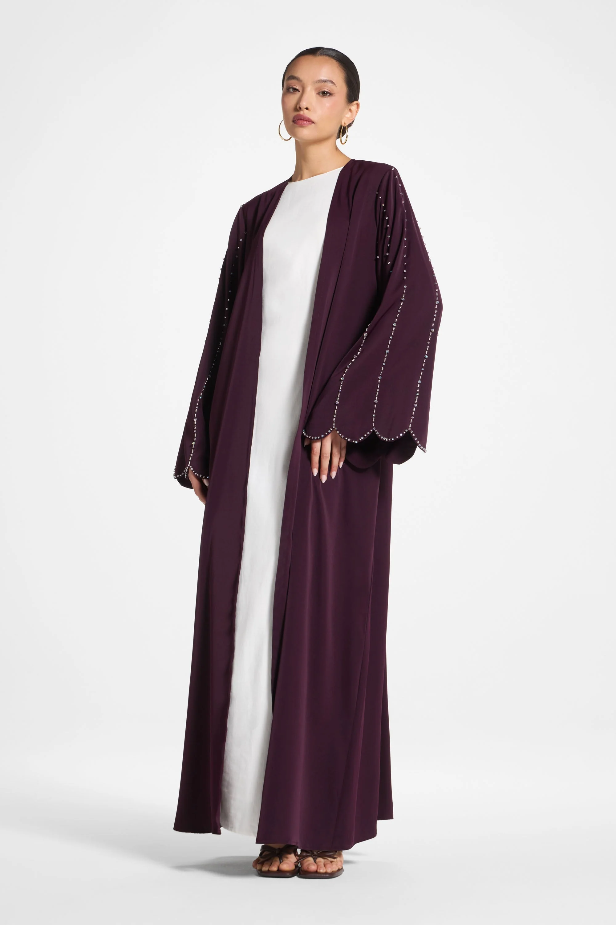 Nada Embellished Open Abaya - Chocolate Plum - Image 3