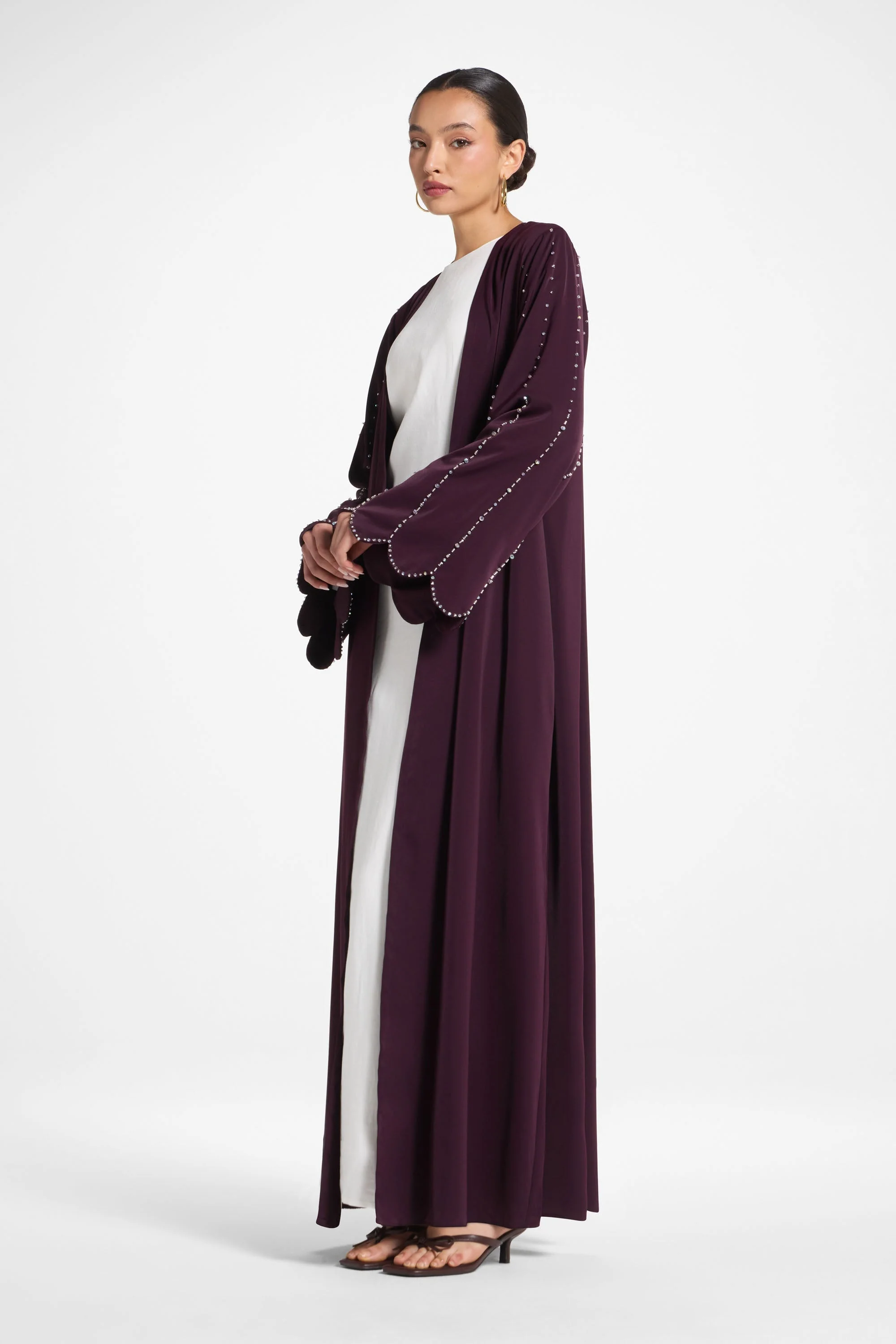 Nada Embellished Open Abaya - Chocolate Plum - Image 4