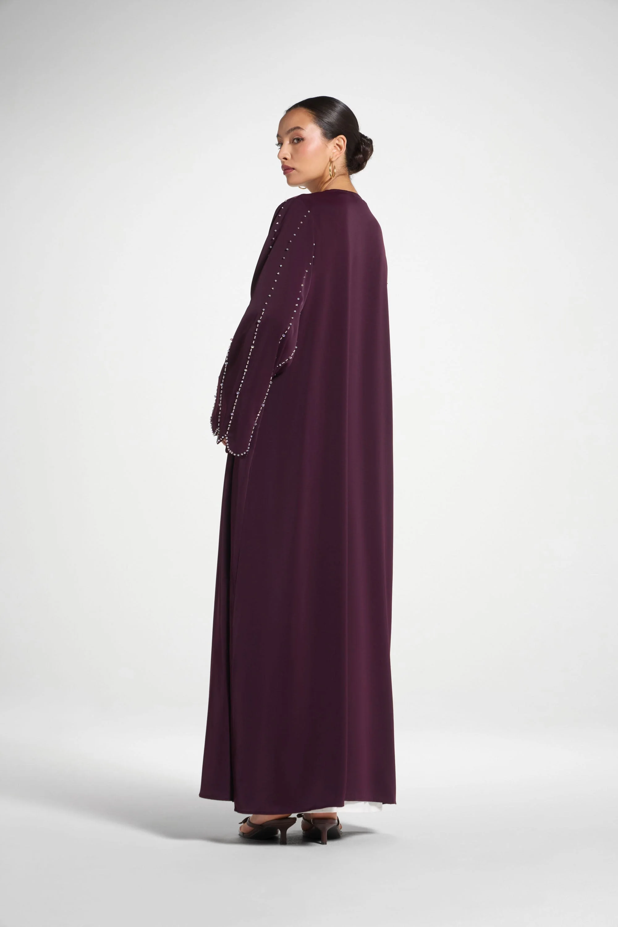 Nada Embellished Open Abaya - Chocolate Plum - Image 5