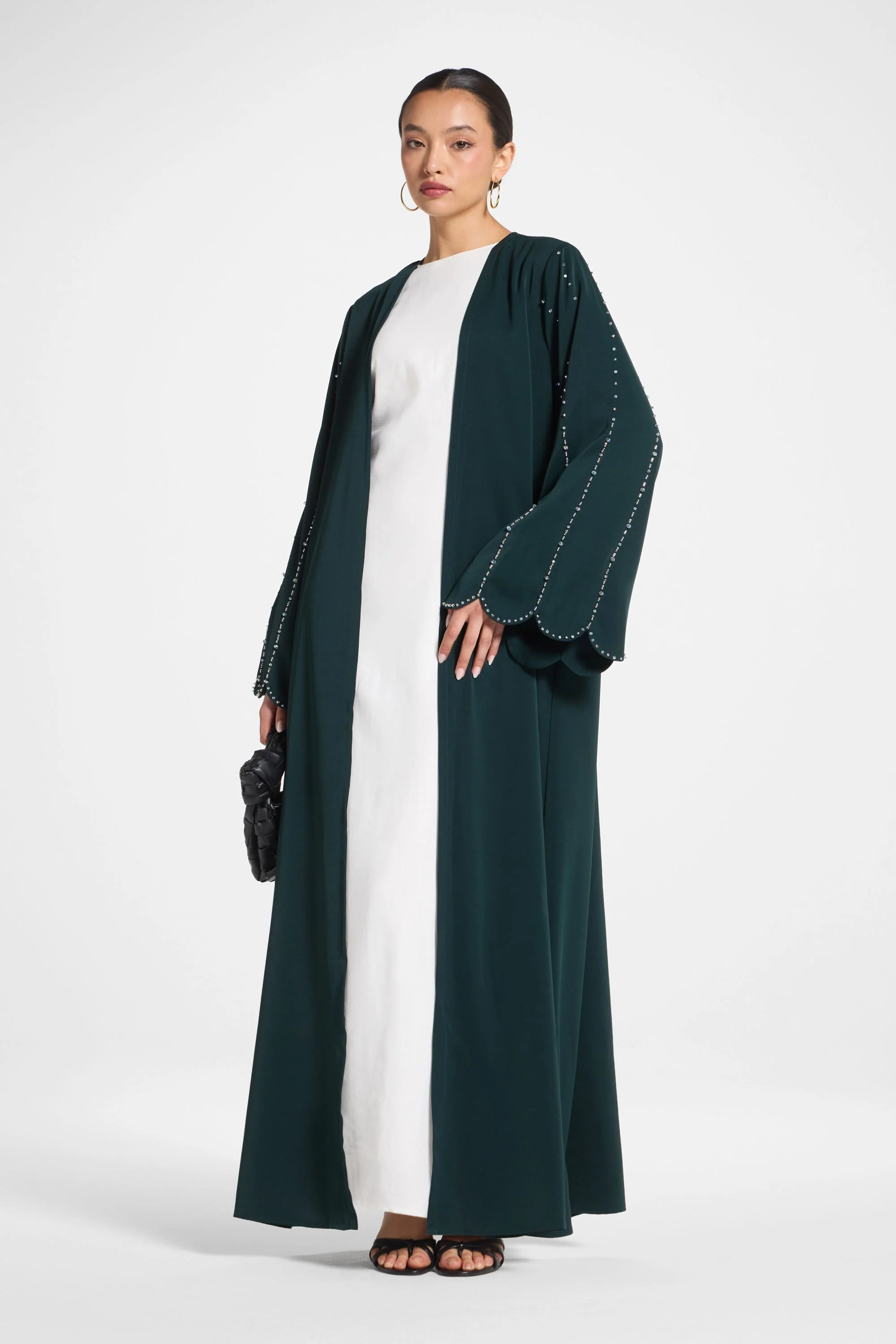 Nada Embellished Open Abaya - Emerald
