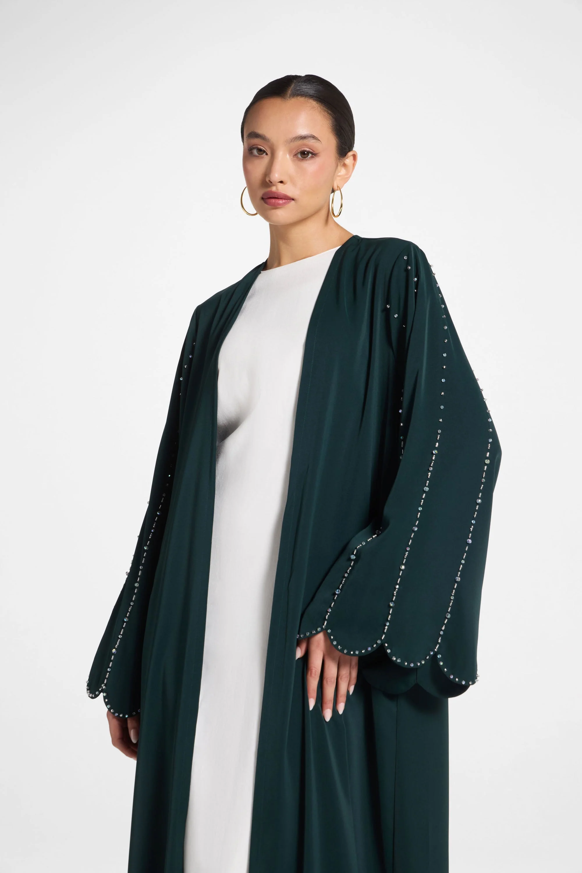 Nada Embellished Open Abaya - Emerald - Image 2