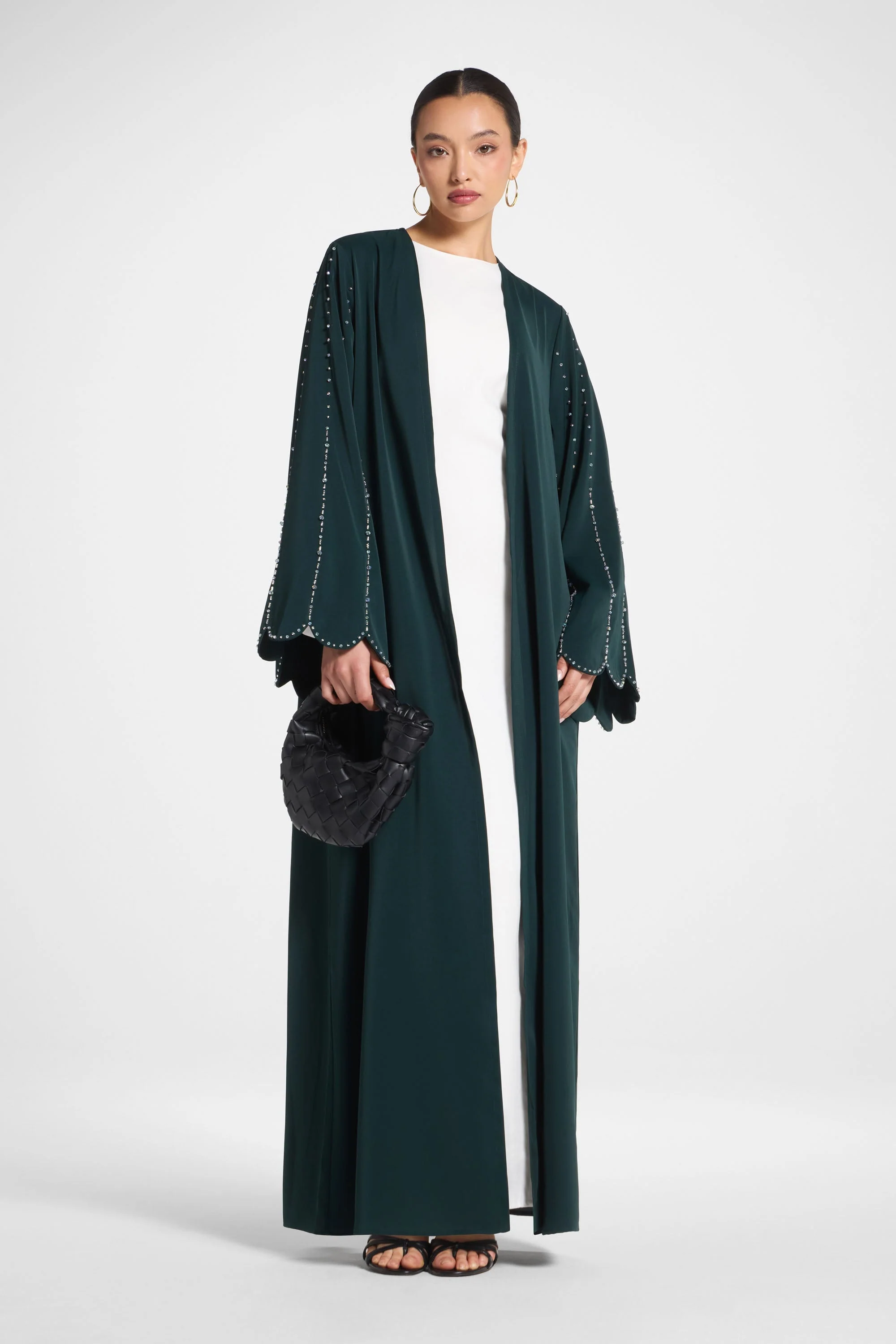 Nada Embellished Open Abaya - Emerald - Image 3