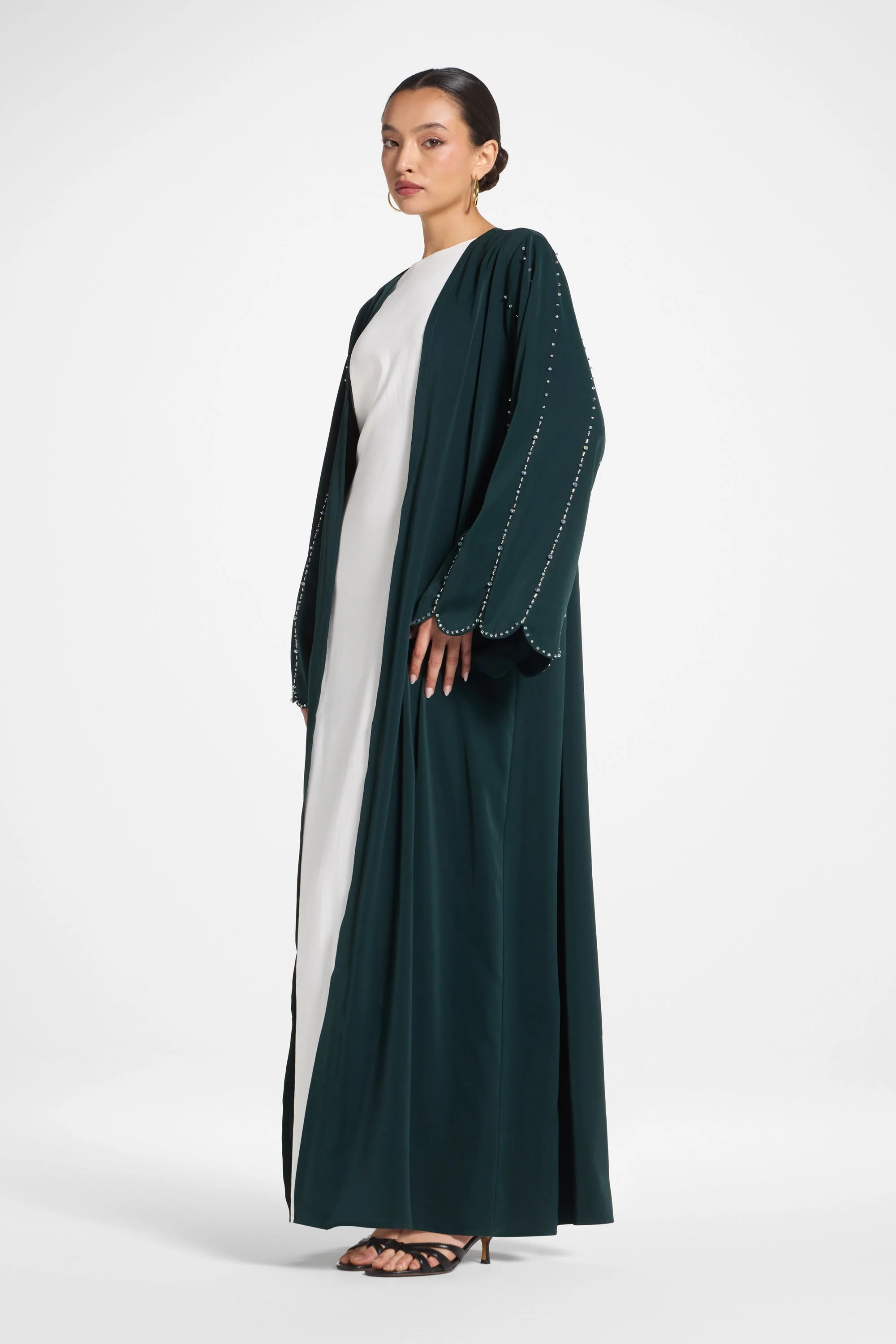 Nada Embellished Open Abaya - Emerald - Image 4