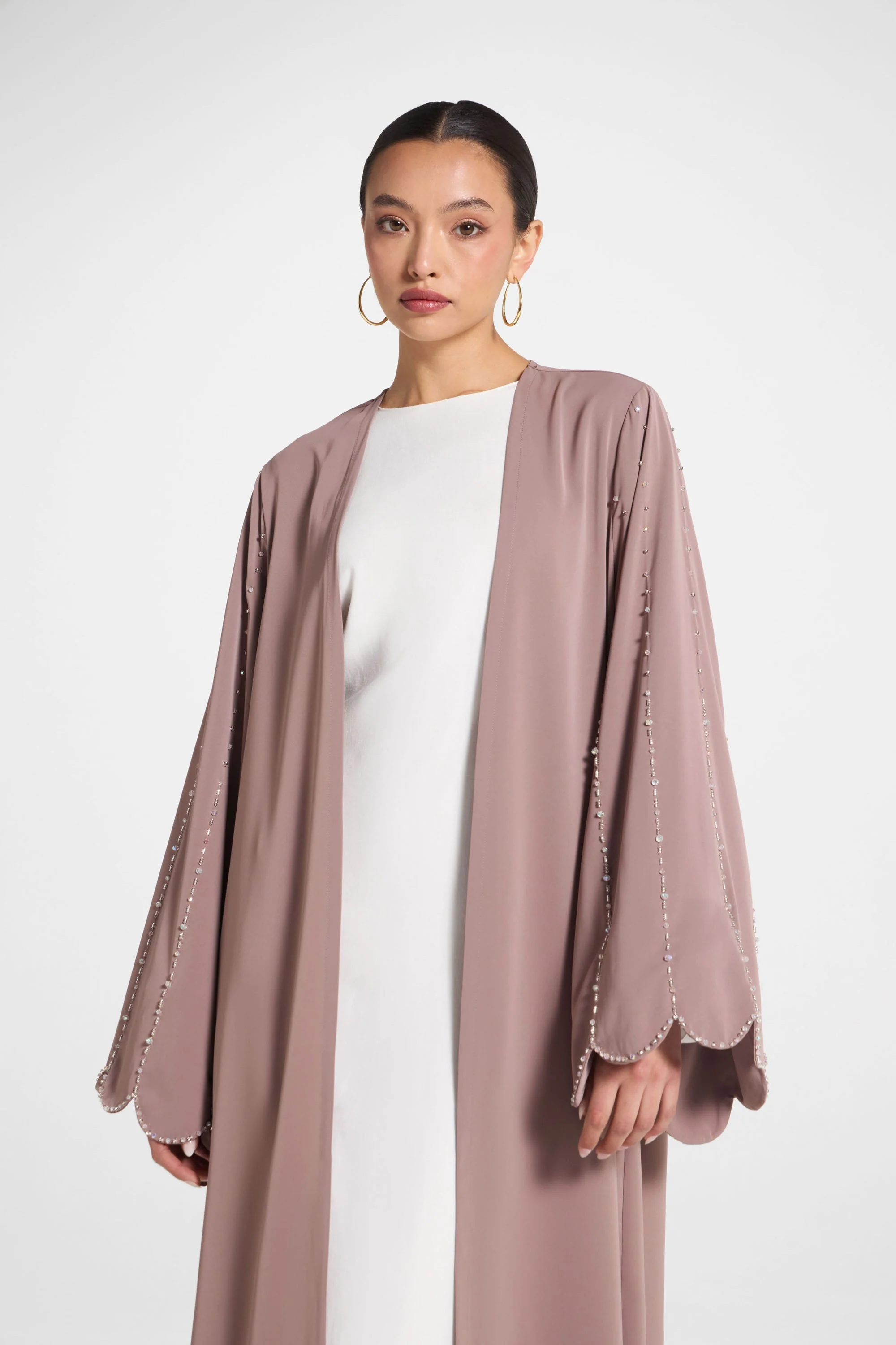 Nada Embellished Open Abaya - Taupe - Image 3