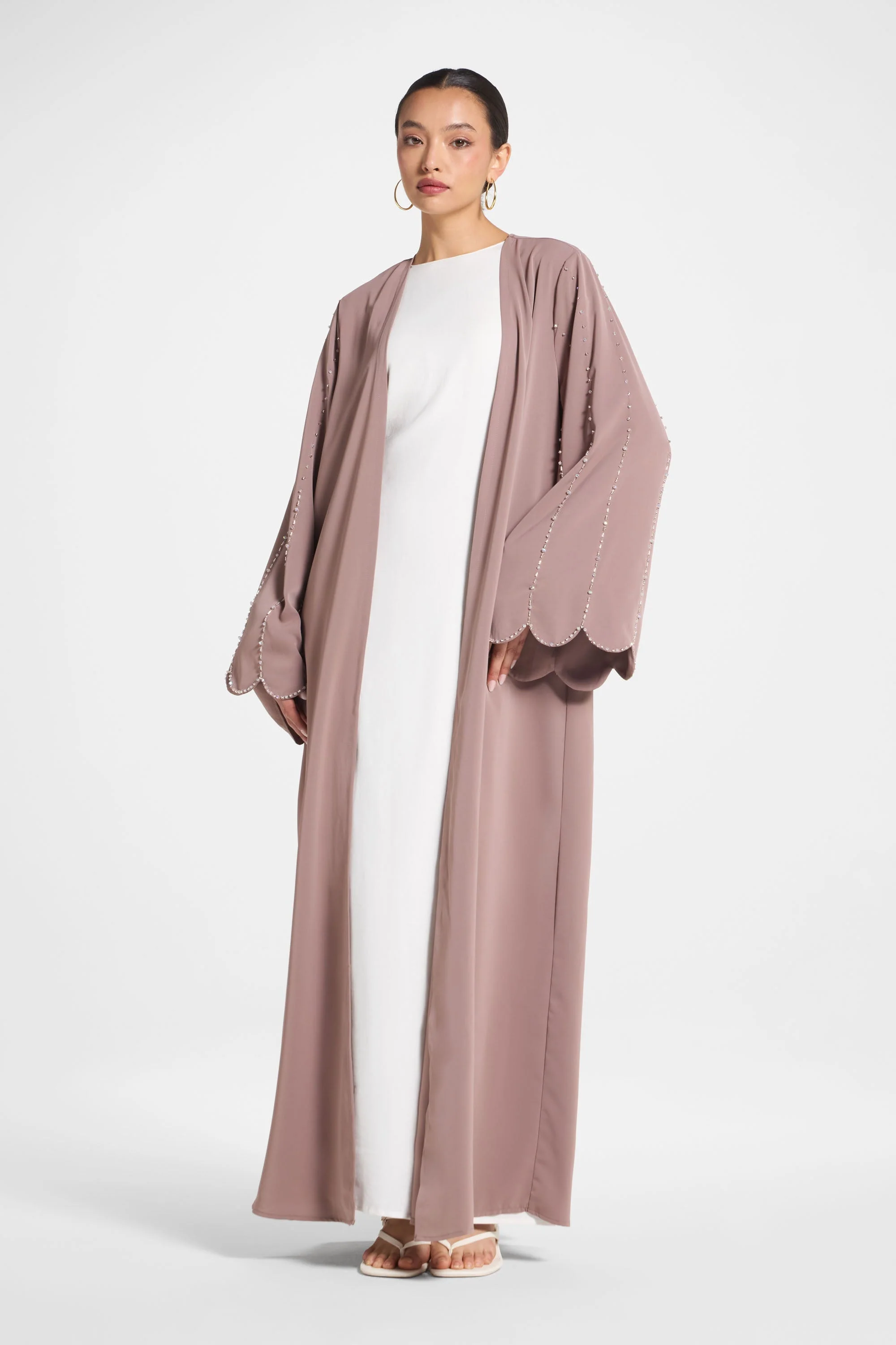 Nada Embellished Open Abaya - Taupe - Image 4