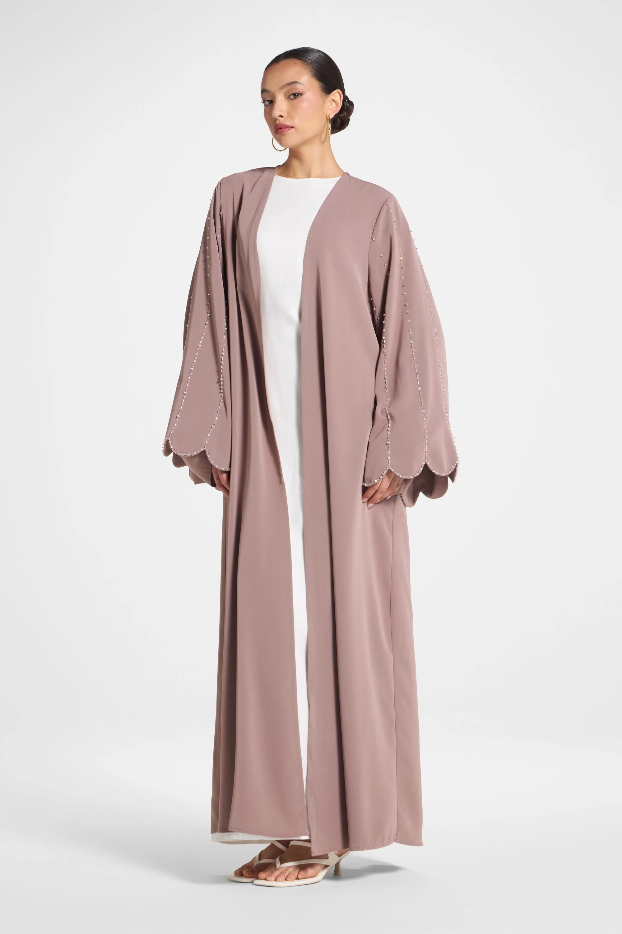 Nada Embellished Open Abaya - Taupe - Image 5