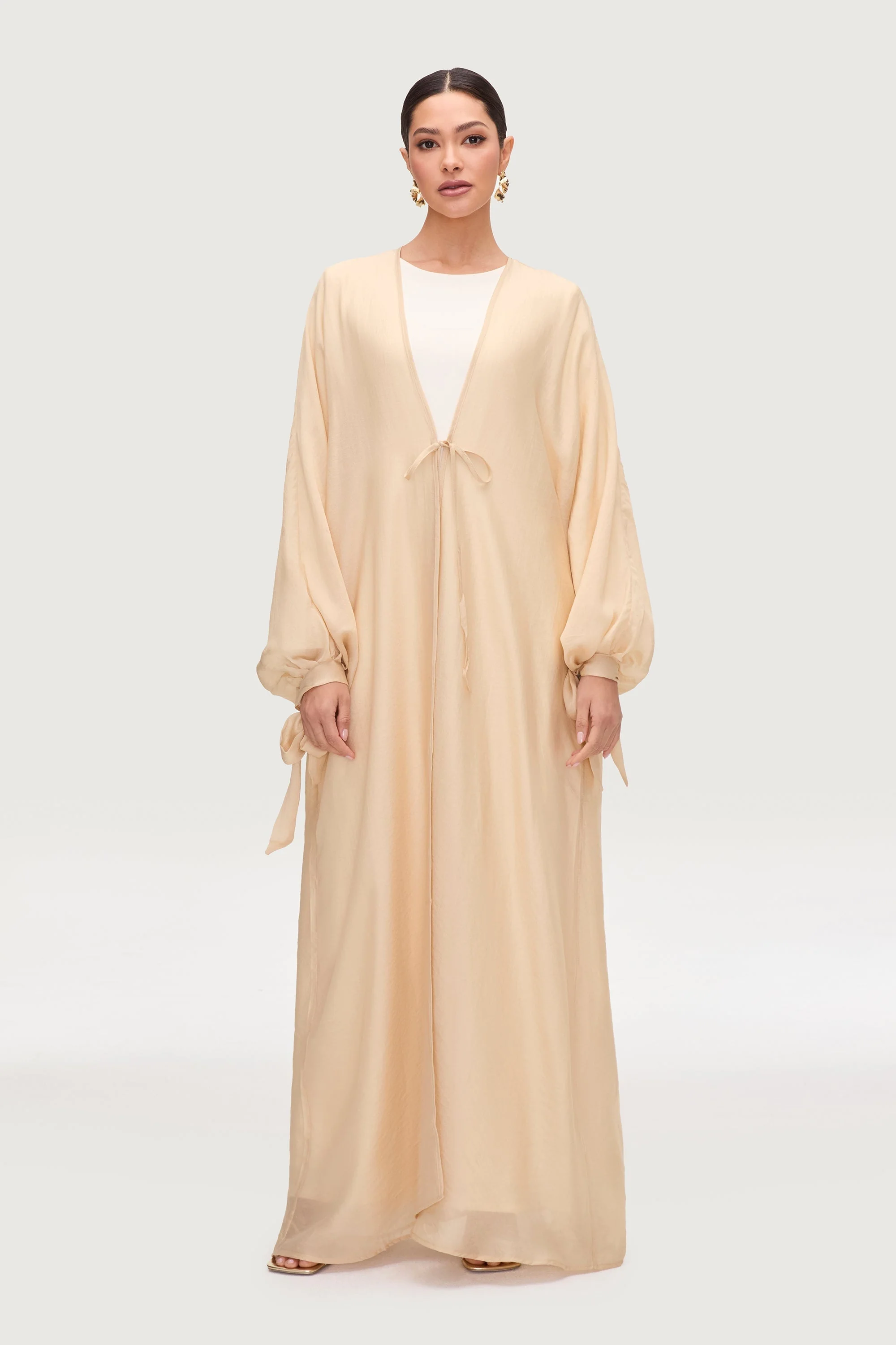 Naima Tie Front Open Abaya - Champagne - Image 3