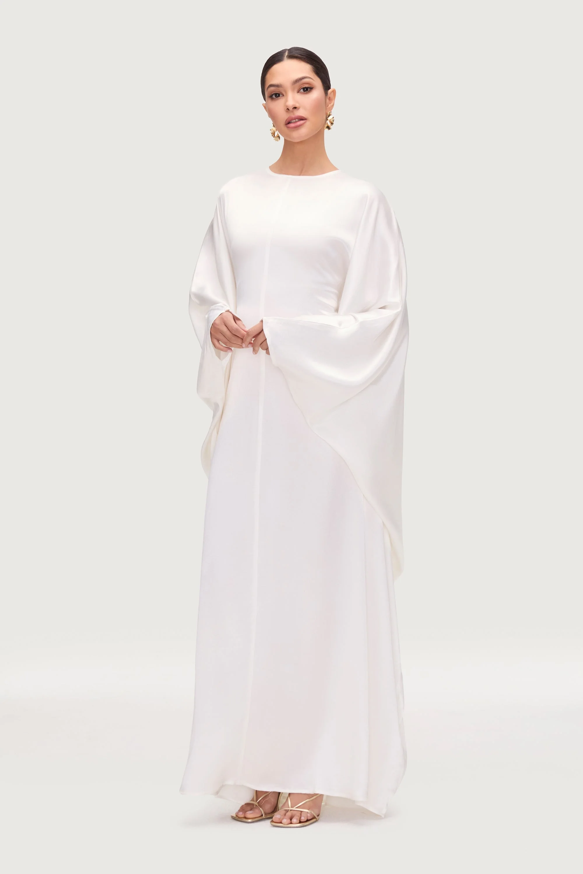 Nayla Silk Butterfly Inner Tie Abaya Dress - White - Image 3