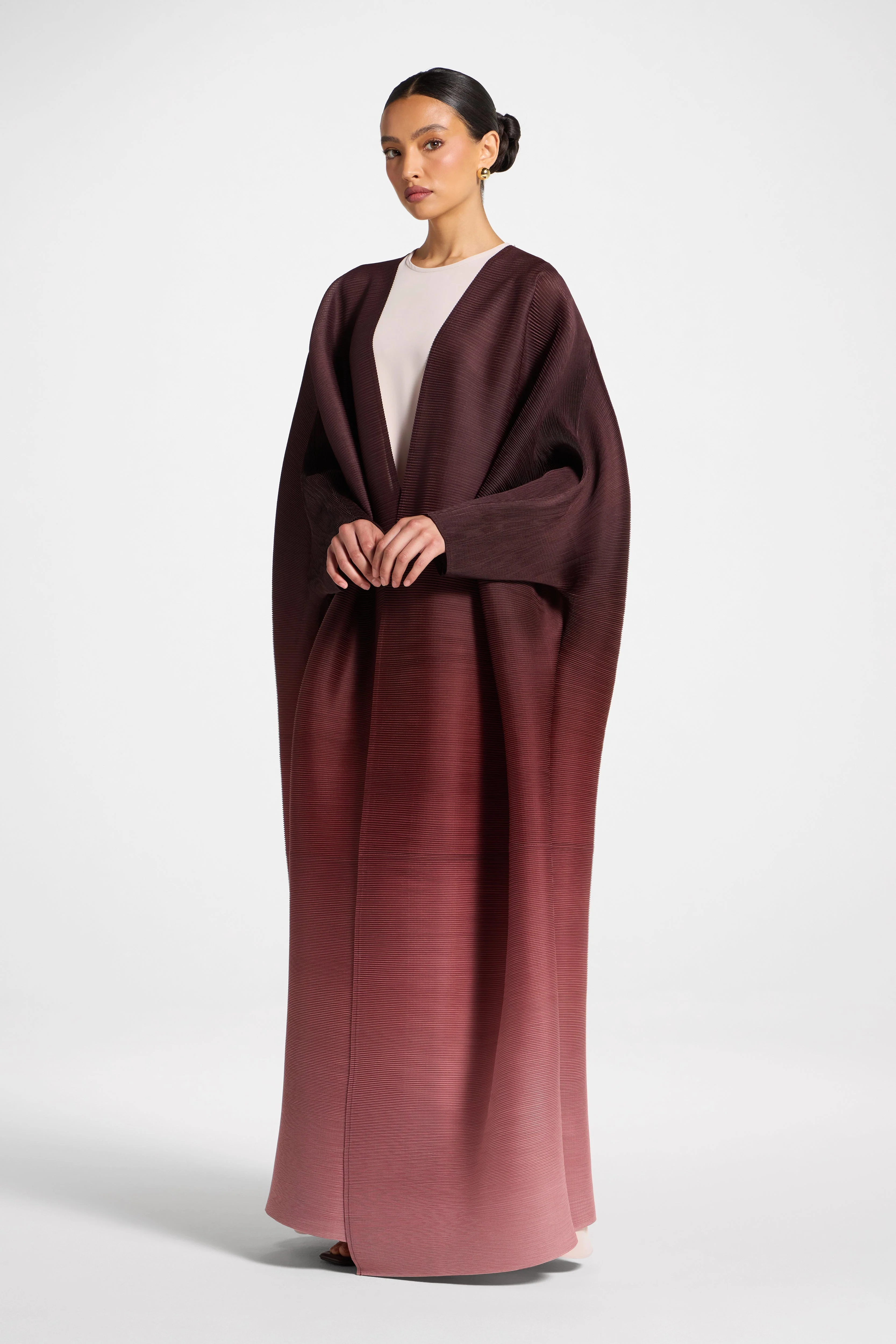 Ombre Pleated Open Abaya - Mocha Rose - Image 6