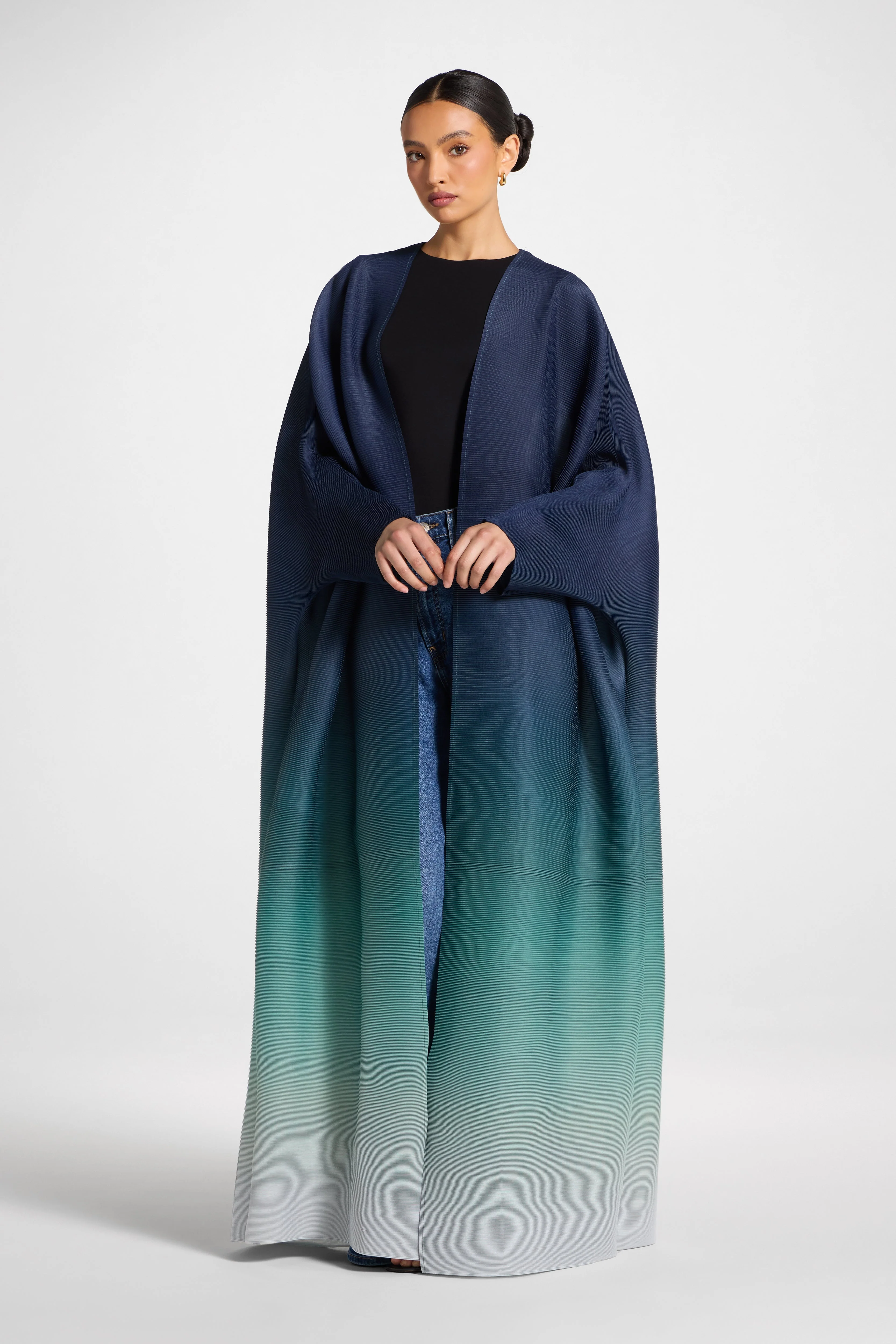 Ombre Pleated Open Abaya - Rainforest Mist - Image 8