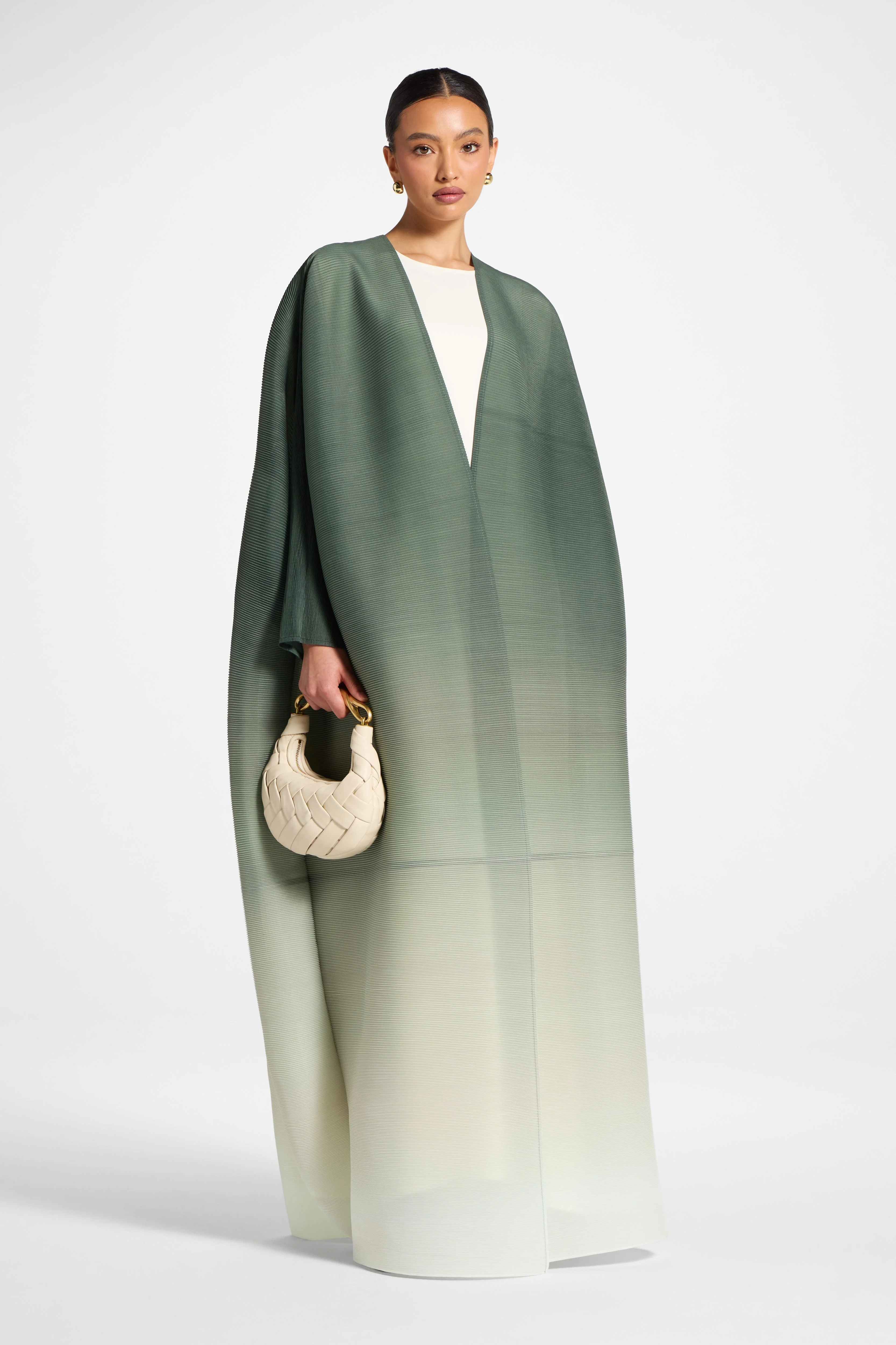 Ombre Pleated Open Abaya - Tea Forest - Image 3