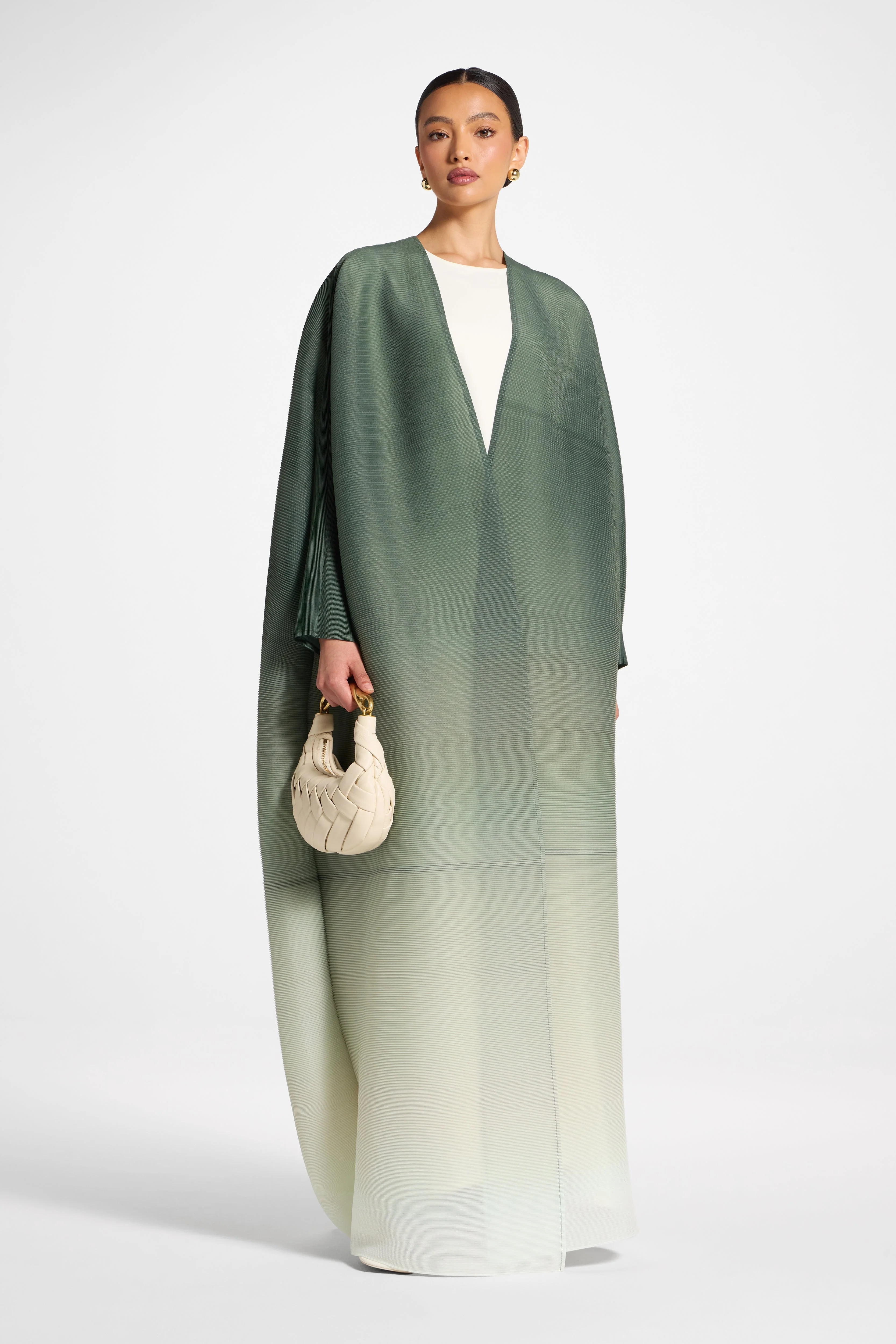 Ombre Pleated Open Abaya - Tea Forest - Image 5