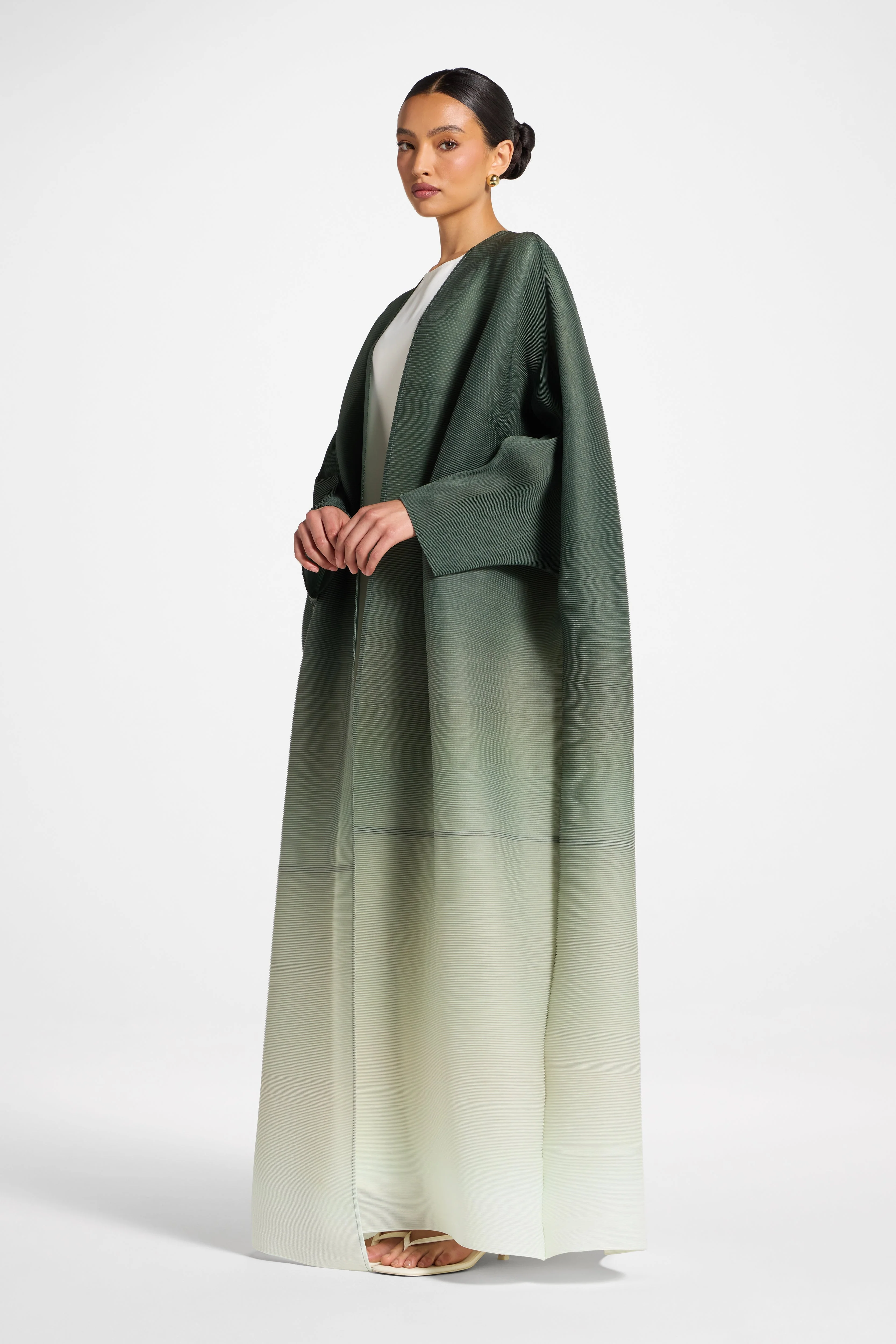 Ombre Pleated Open Abaya - Tea Forest - Image 7