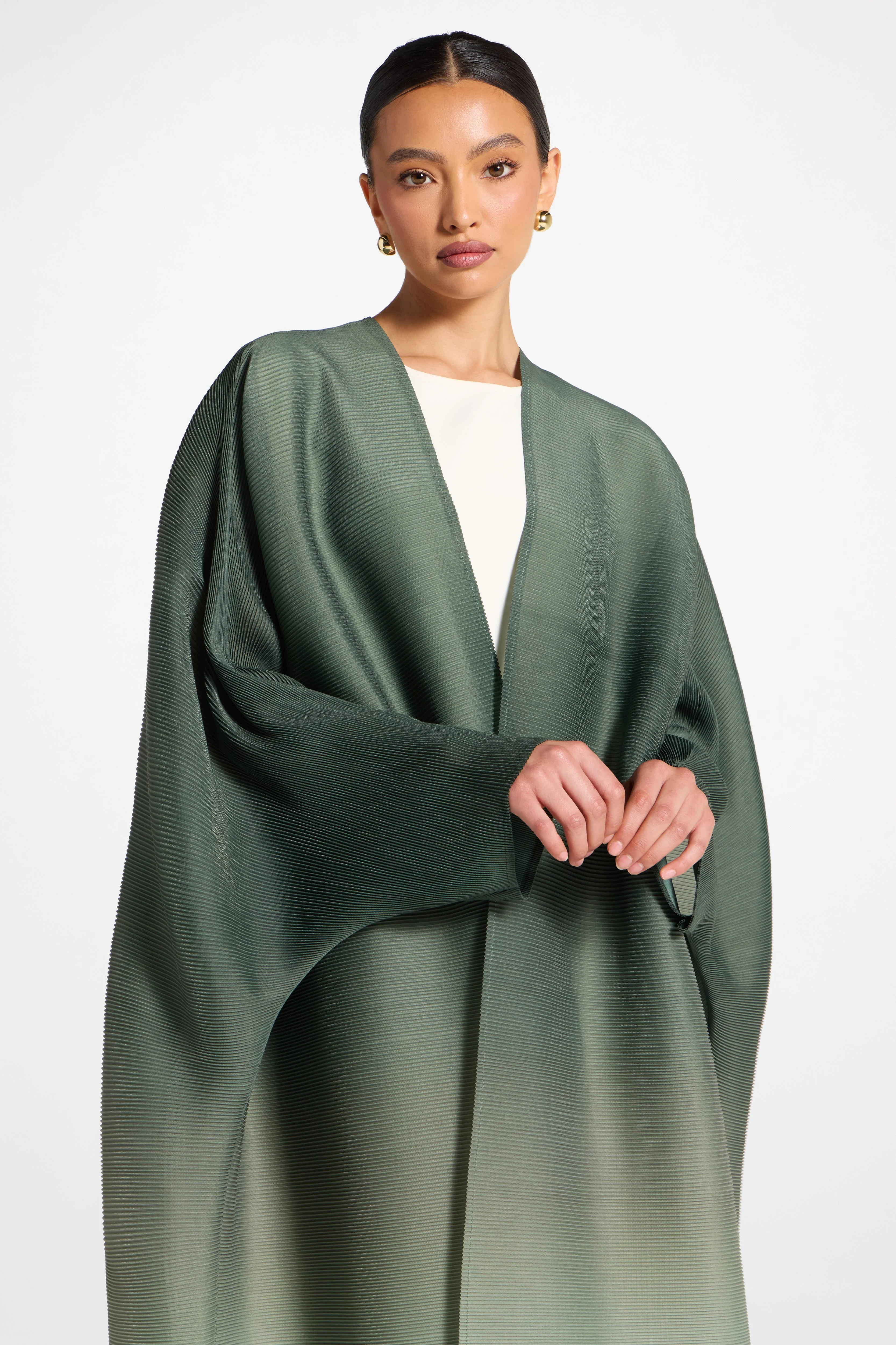Ombre Pleated Open Abaya - Tea Forest - Image 9