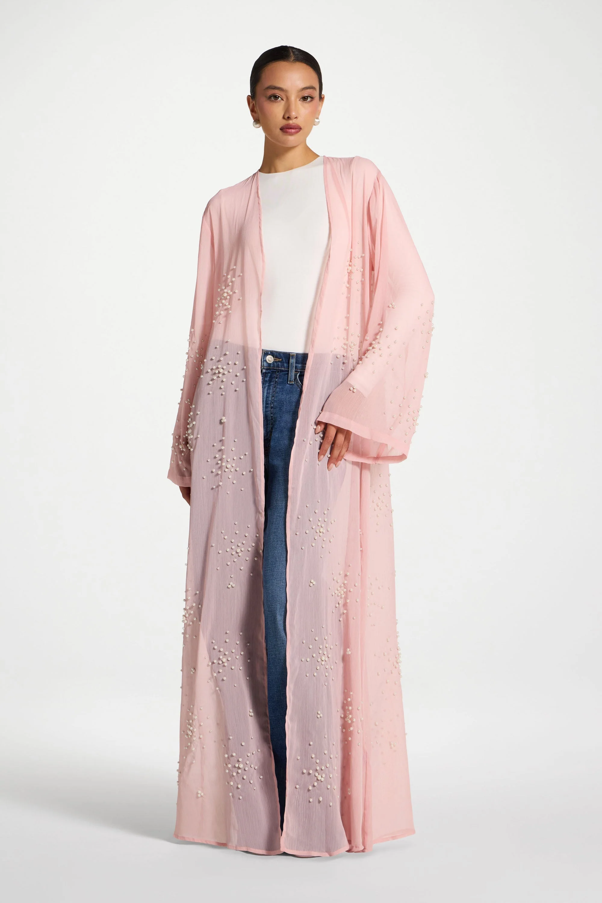 Pearl Embellished Open Abaya - Baby Pink