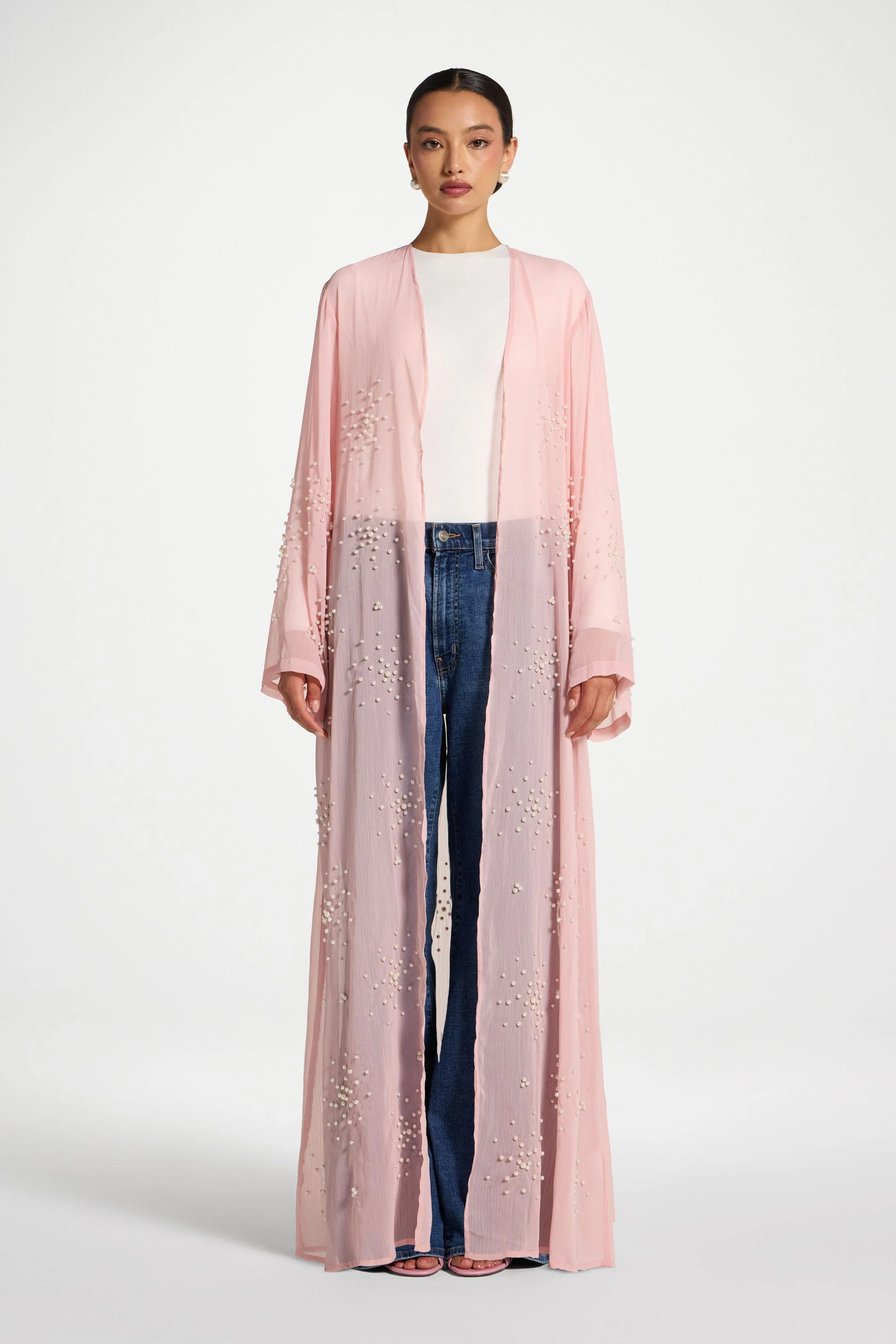 Pearl Embellished Open Abaya - Baby Pink - Image 2