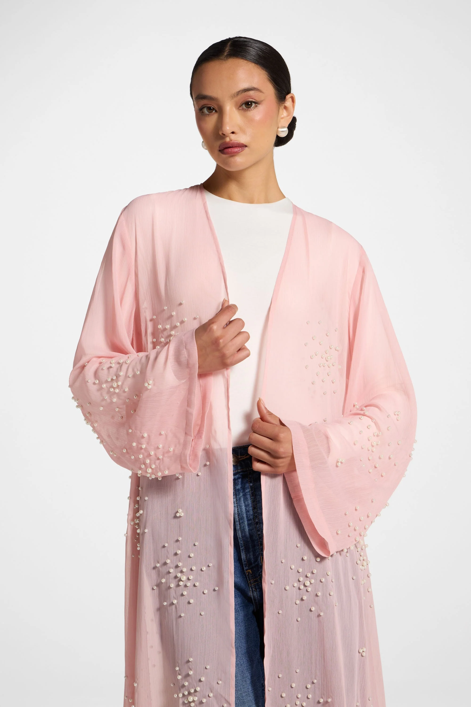 Pearl Embellished Open Abaya - Baby Pink - Image 3
