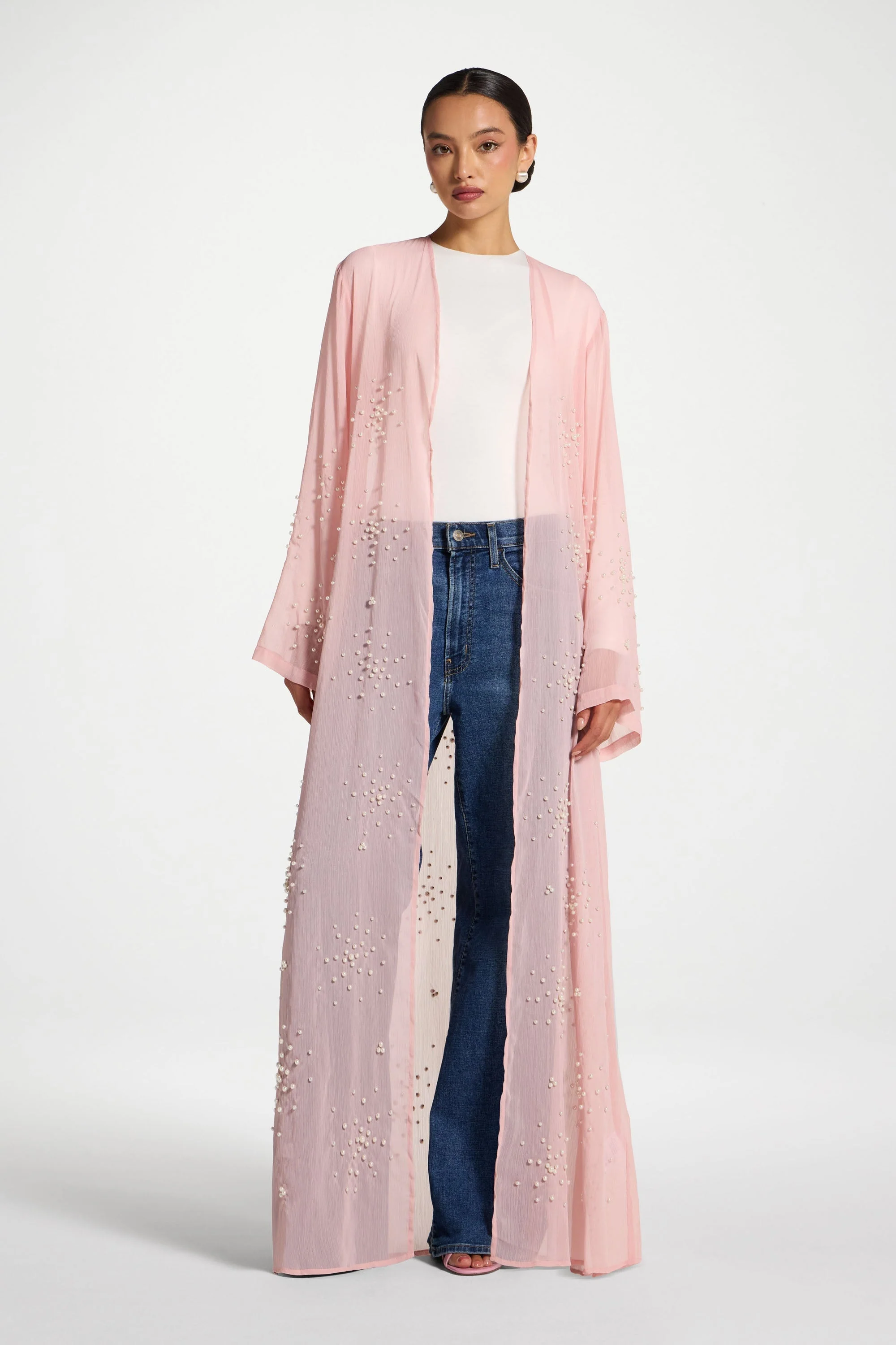 Pearl Embellished Open Abaya - Baby Pink - Image 4
