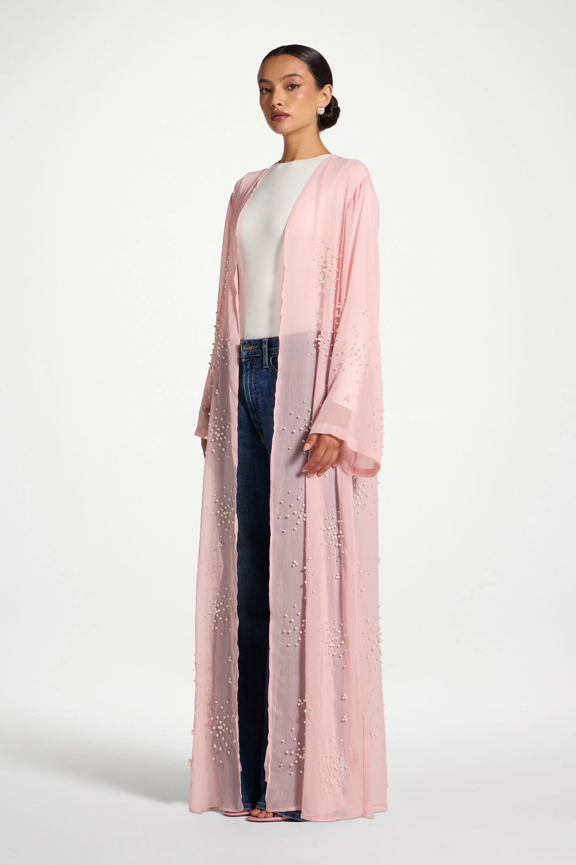 Pearl Embellished Open Abaya - Baby Pink - Image 5