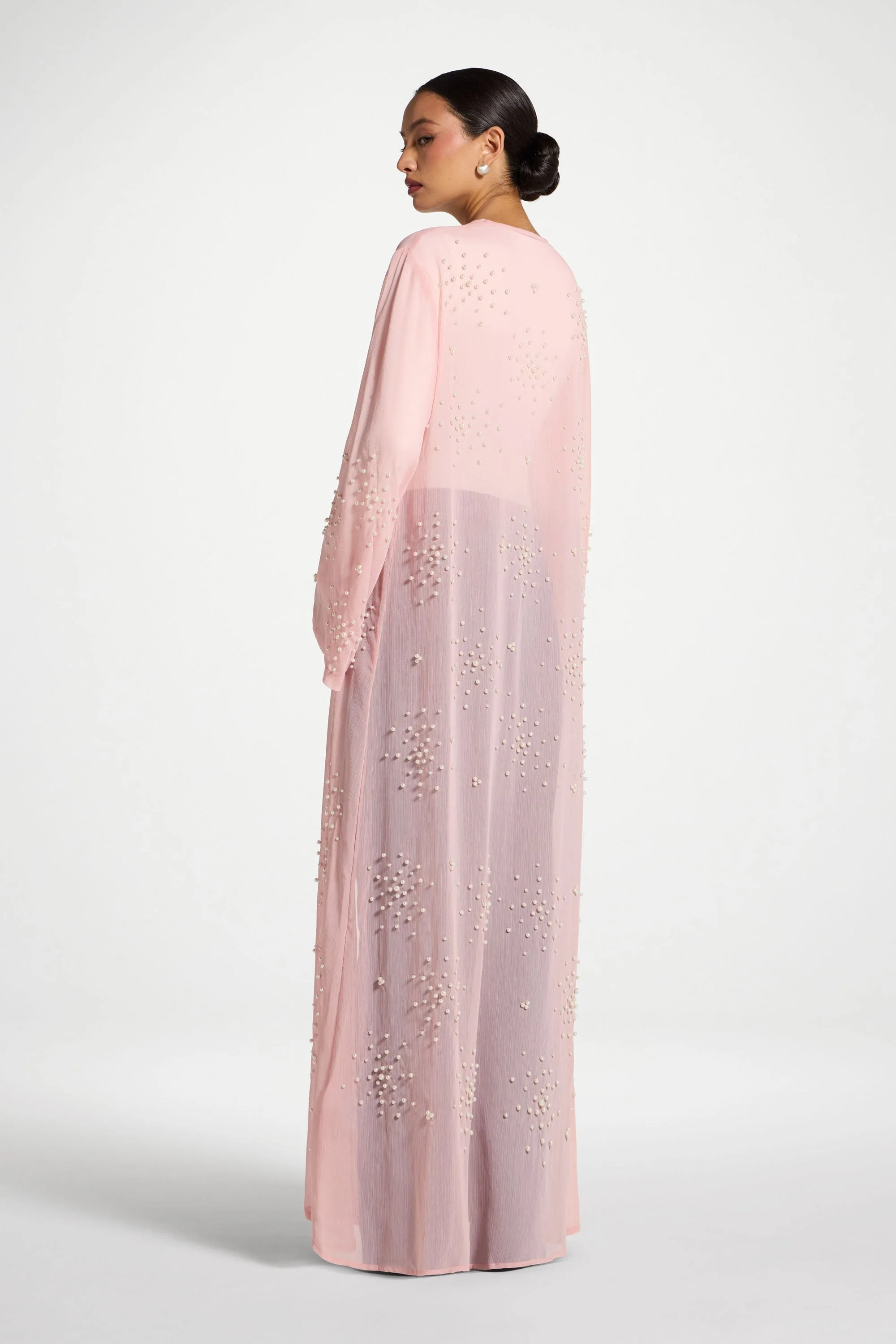 Pearl Embellished Open Abaya - Baby Pink - Image 6
