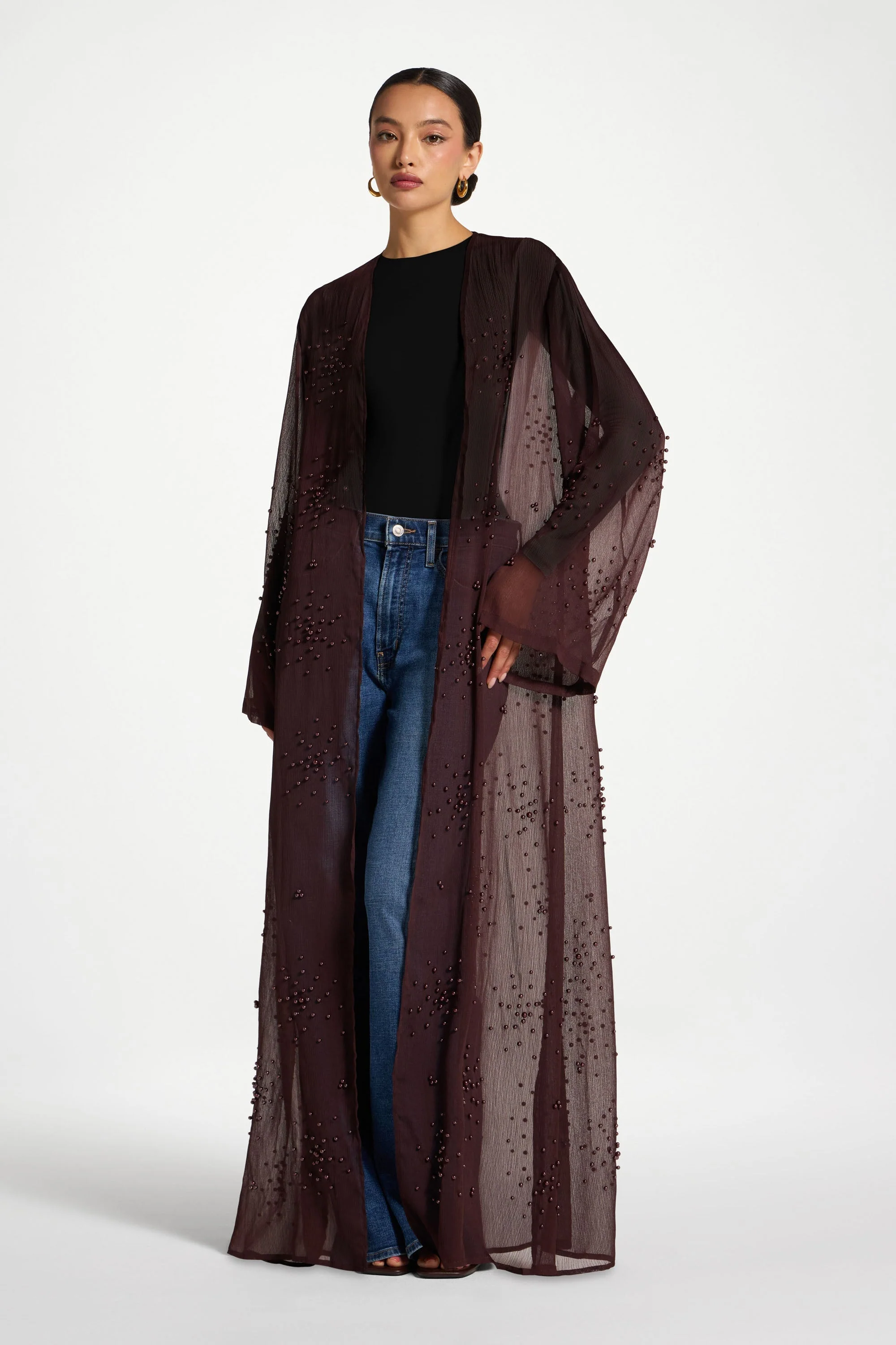 Pearl Embellished Open Abaya - Chocolate Plum