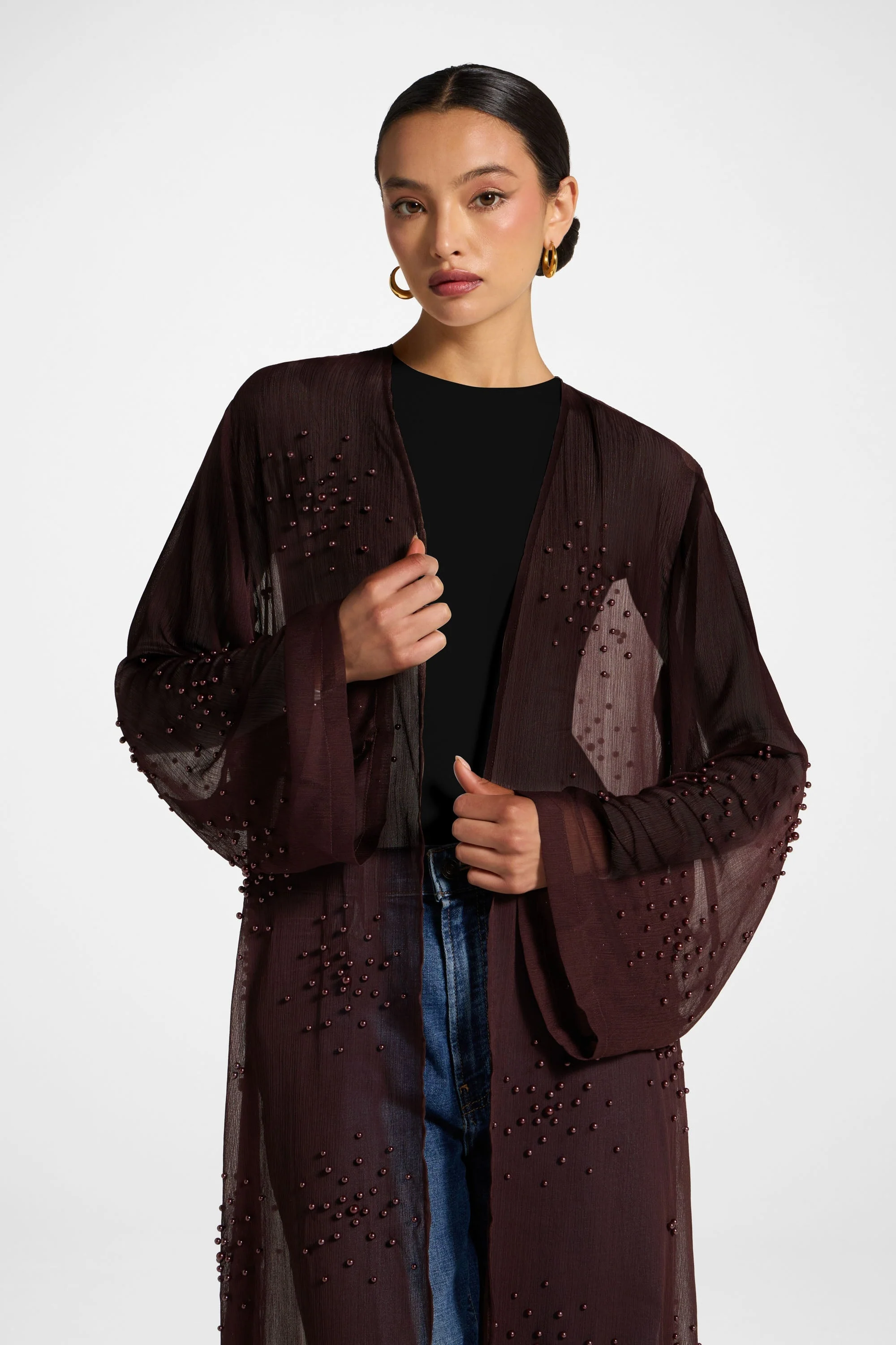 Pearl Embellished Open Abaya - Chocolate Plum - Image 2