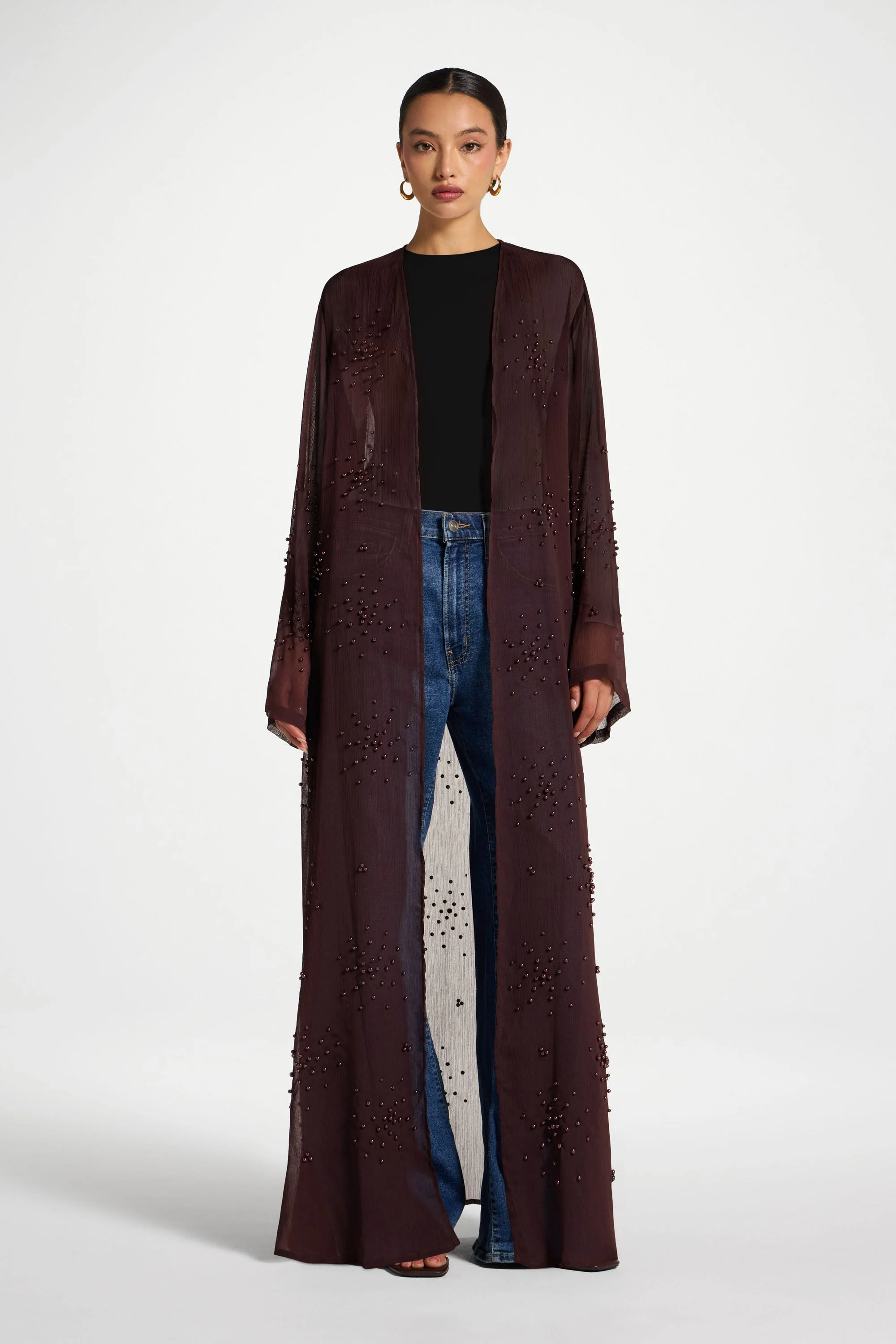 Pearl Embellished Open Abaya - Chocolate Plum - Image 3