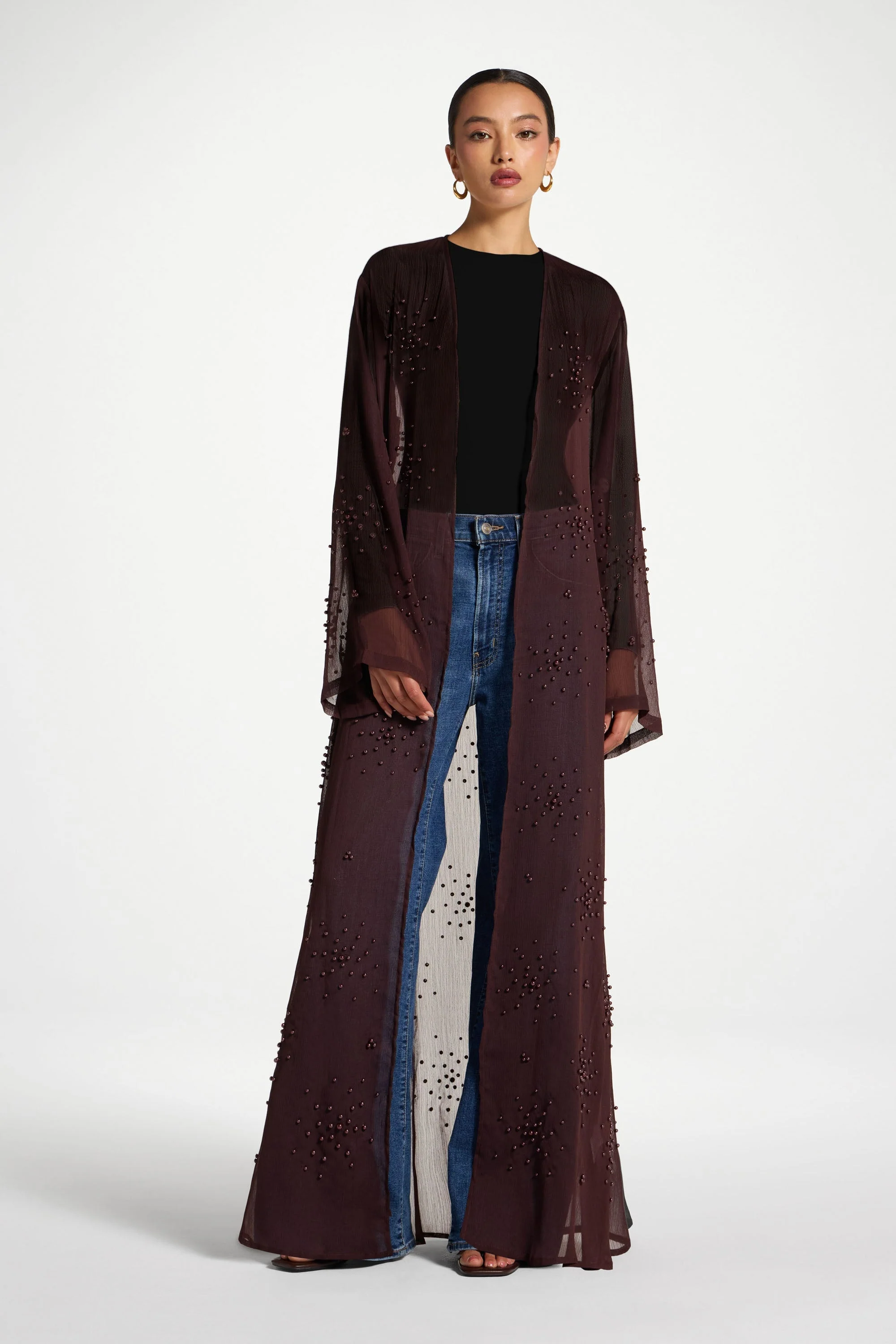 Pearl Embellished Open Abaya - Chocolate Plum - Image 4
