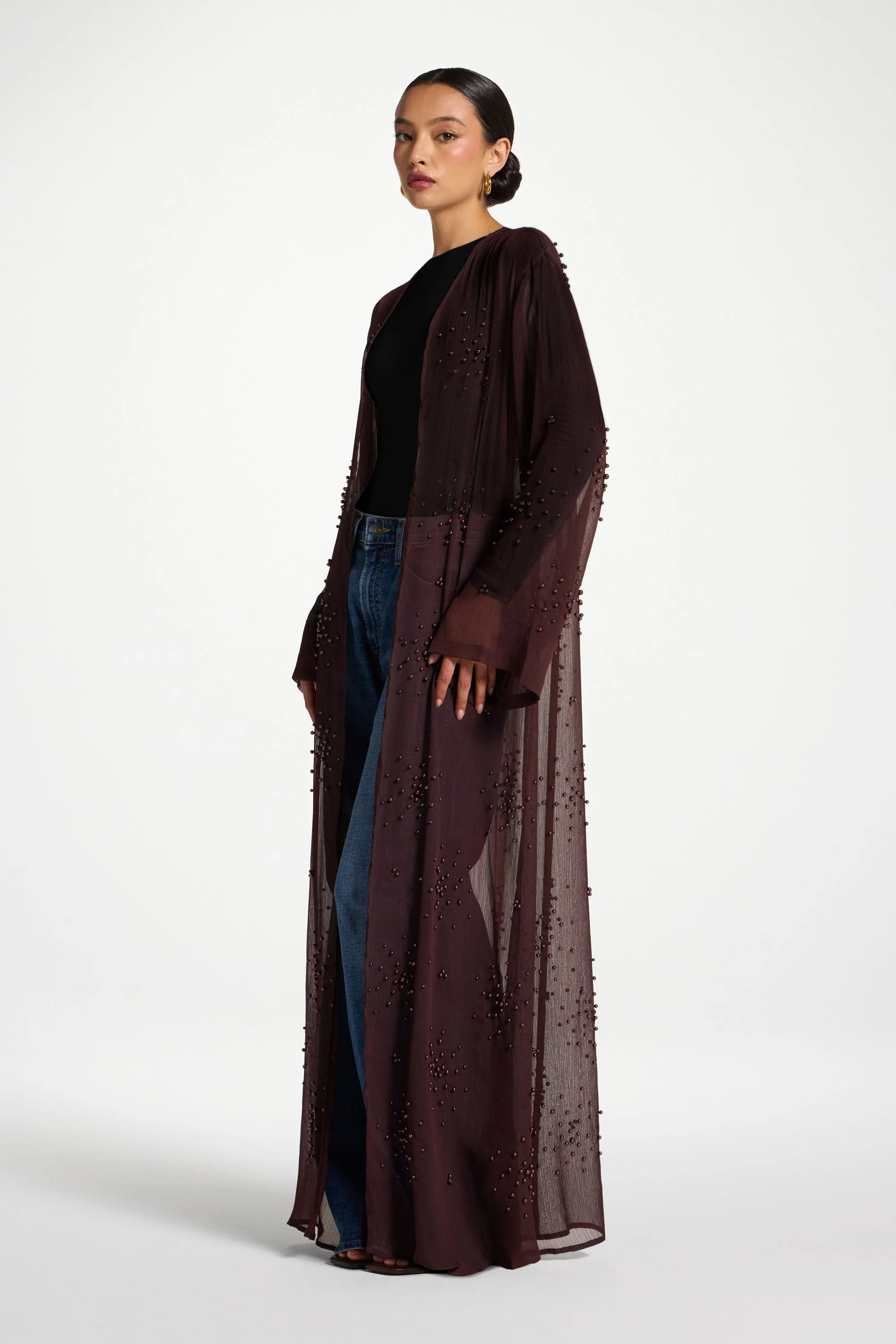 Pearl Embellished Open Abaya - Chocolate Plum - Image 5